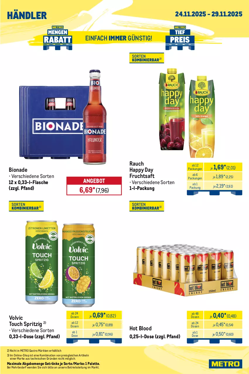 Aktueller Prospekt Metro - Wochen-Angebote Händler - von 24.11 bis 29.11.2025 - strona 4 - produkty: angebot, axe, bio, bionade, corona, corona extra, desperados, eis, flasche, frucht, fruchtsaft, getränk, getränke, Happy Day, Metro, metro gastro, Palette, pils, pilsner, pilsner urquell, Rauch, reis, saft, Ti, tiefpreis, volvic