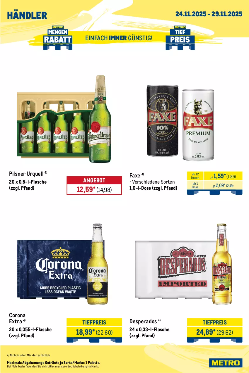 Aktueller Prospekt Metro - Wochen-Angebote Händler - von 24.11 bis 29.11.2025 - strona 5 - produkty: angebot, axe, bio, bionade, corona, corona extra, desperados, eis, flasche, frucht, fruchtsaft, getränk, getränke, Happy Day, Metro, metro gastro, Palette, pils, pilsner, pilsner urquell, Rauch, reis, saft, Ti, tiefpreis, volvic