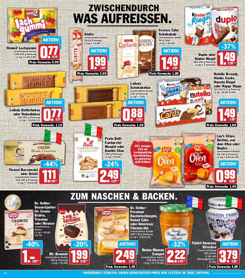 Aktueller Prospekt Hit - Prospekte - von 12.09 bis 17.09.2022 - strona 10 - produkty: backmischung, Backmischungen, bonne maman, brownie, bugles, butter, butterkeks, cantuccini, cheesecake, chips, cin, creme, dessert, Doritos, Dr. Oetker, duplo, eis, ferrero, frucht, geback, giotto, hanuta, hipp, kakao, kartoffel, kartoffelchips, keks, kekse, Kinder, kinder riegel, kirsch, kirsche, kirschen, lachgummi, leibniz, mam, mandel, mousse, nimm2, nutella, Ofen, reis, reiss, riegel, schoko, schokolade, sirup, Ti, tiramisu, tuc, ZTE