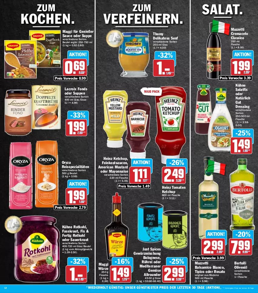 Aktueller Prospekt Hit - Prospekte - von 12.09 bis 17.09.2022 - strona 12 - produkty: aceto, auer, balsam, balsamico, balsamico bianco, bertolli, beutel, bolognese, classico, delikatess senf, dressing, eis, feinkost, flasche, gewürz, Gewürzmischung, gin, heinz, ketchup, Kraut, Kühne, mac, maggi, maggi würze, mayonnaise, Mode, olive, oliven, olivenöl, oryza, reis, reiss, rosato, rotkohl, salat, sauce, saucen, Sauerkraut, senf, Spezi, suppe, suppen, thomy, Ti, Tipi, tomate, tomaten, tomaten ketchup, Yo, ZTE