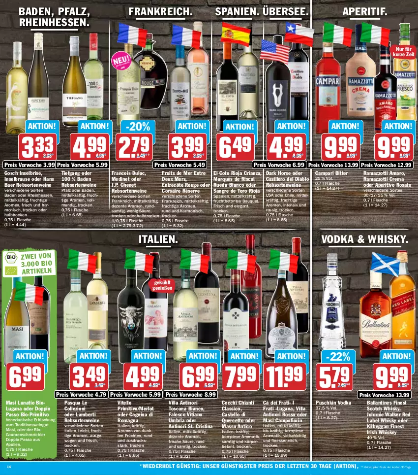 Aktueller Prospekt Hit - Prospekte - von 12.09 bis 17.09.2022 - strona 14 - produkty: amaro, Amber, aperitif, aperitivo rosato, Bad, ball, bio, brause, campari, chia, chianti, classico, Corsaire, doppio passo, eis, ente, finesse, flasche, frucht, früchte, früchten, irish whiskey, J.P. Chenet, johnnie walker, kilbeggan, medinet, merl, merlot, passo, primitivo, puschkin vodka, rama, ramazzott, ramazzotti, rebsortenweine, reis, Ria, rioja, rosato, rouge, scotch, scotch whisky, Ti, vodka, wein, weine, whiskey, whisky, zott, ZTE