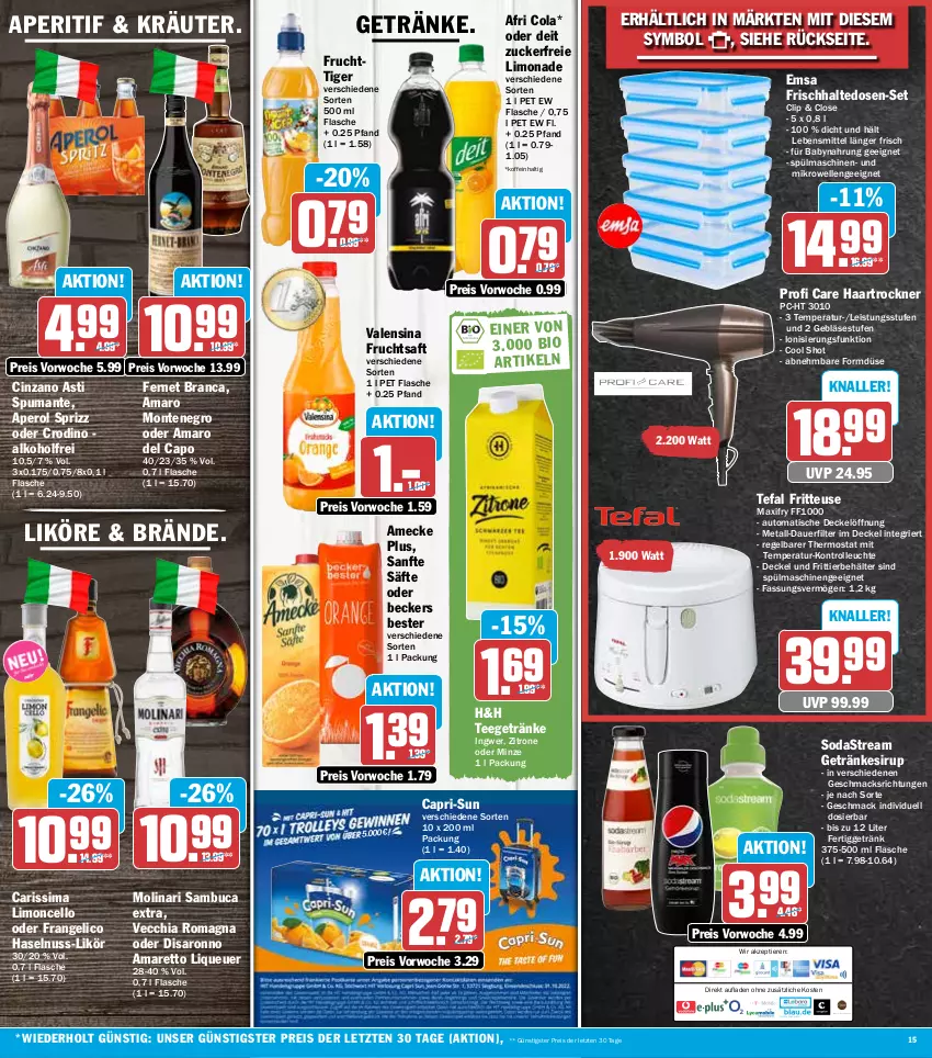 Aktueller Prospekt Hit - Prospekte - von 12.09 bis 17.09.2022 - strona 15 - produkty: Afri Cola, alkohol, Amaretto, amaro, amecke, aperitif, aperol, asti, auer, auto, Babynahrung, Beckers Bester, Behälter, Cap, capri-sun, chia, cin, cinzano, Cinzano Asti, cola, decke, Deckel, deit, eis, elle, emsa, Fernet, fernet branca, flasche, frangelico, frischhaltedosen, fritteuse, frucht, fruchtsaft, getränk, getränke, getränkesirup, haartrockner, haselnuss, ingwer, kräuter, lebensmittel, Leuchte, likör, limo, limonade, mac, mikrowelle, minze, Molinari, monte, nuss, puma, reis, saft, säfte, sambuca, saro, sim, sirup, Soda, sodastream, Sprizz, spülmaschinen, spumante, tee, tefal, thermostat, Ti, Tiere, tisch, Trockner, valensina, Vecchia Romagna, zitrone, ZTE, zucker