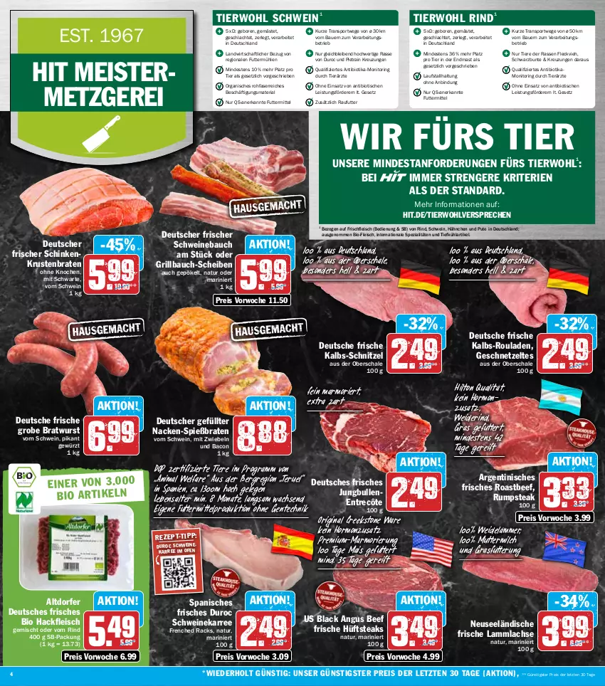 Aktueller Prospekt Hit - Prospekte - von 12.09 bis 17.09.2022 - strona 4 - produkty: auer, bacon, Bau, Bauer, beef, bio, braten, bratwurst, eis, ente, entrecôte, fleisch, Geflügel, geschnetzeltes, gewürz, gin, grill, Grillbauch, grobe bratwurst, hackfleisch, hackfleisch gemischt, hüftsteak, hüftsteaks, jungbullen, krustenbraten, lachs, lack, lamm, lammlachse, mais, Meister, milch, mit zwiebeln, monitor, natur, pute, reis, Ria, rind, ring, roastbeef, rouladen, rum, rumpsteak, Schal, Schale, schinken, schnitzel, schwein, schweine, Schweinebauch, Spezi, Sport, steak, steaks, Ti, Tiere, tisch, wein, weine, wurst, Zelt, ZTE, zwiebel, zwiebeln