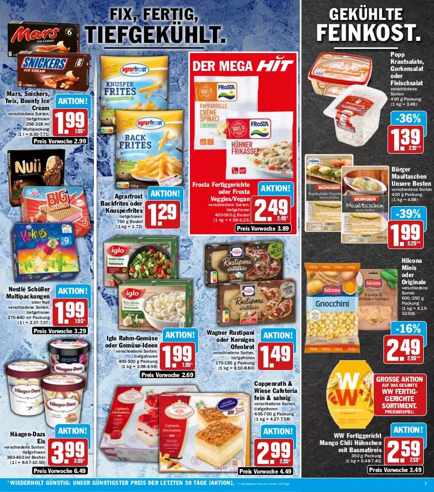 Aktueller Prospekt Hit - Prospekte - von 12.09 bis 17.09.2022 - strona 7 - produkty: agrarfrost, aus dem kühlregal, basmati, Becher, beutel, bounty, brot, chili, coppenrath, eis, feinkost, fertiggericht, fertiggerichte, fleisch, fleischsalat, frosta, gin, gurke, gurken, gurkensalat, häagen-dazs, hilcona, iglo, Kraut, krautsalat, kühlregal, mango, mars, maultaschen, nestlé, nestlé schöller, nuii, Ofen, Popp, rahm-gemüse, regal, reis, Ria, rustipani, salat, salate, Schöller, snickers, Tasche, taschen, Ti, twix, veggie, wagner, ZTE