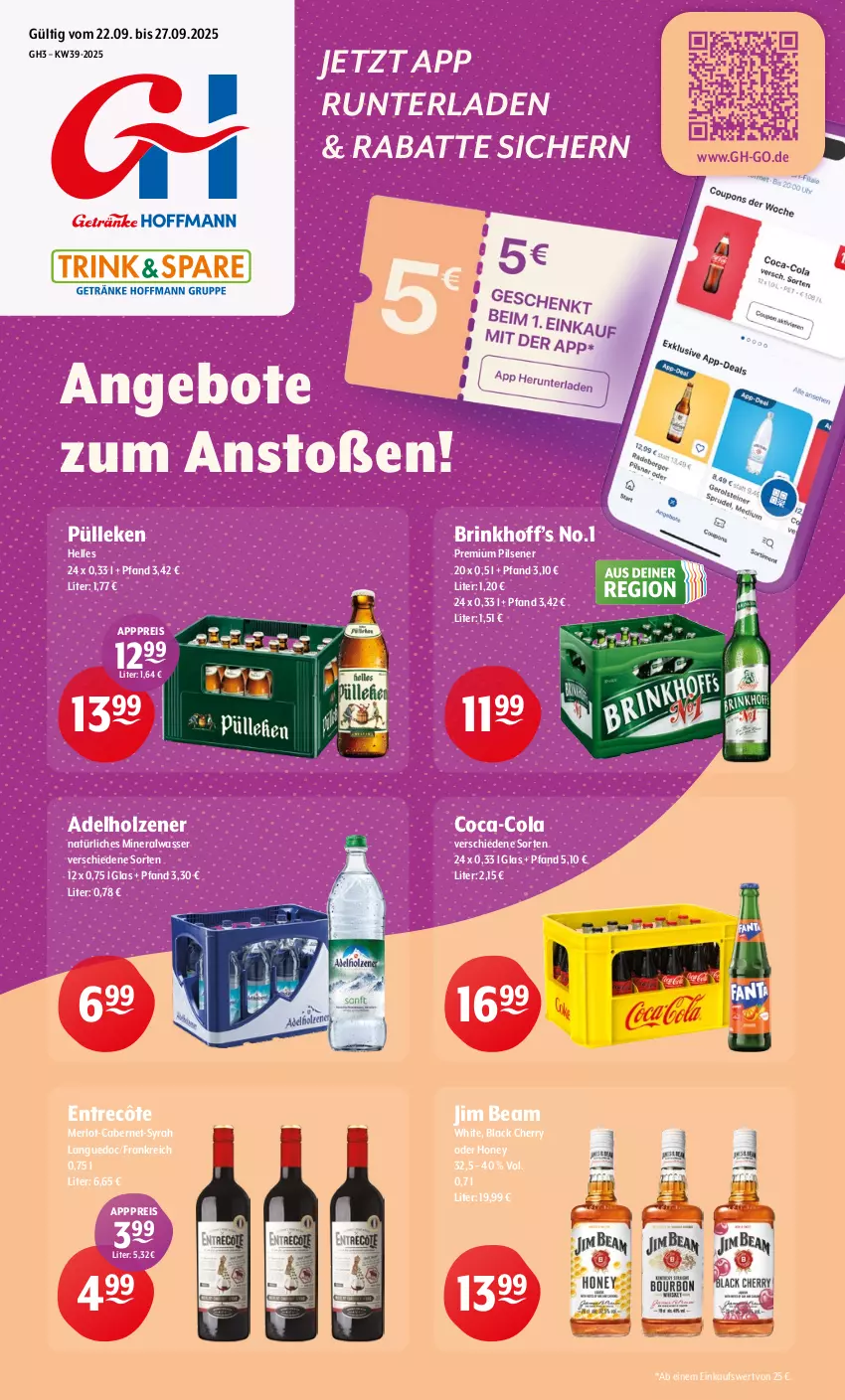 Aktueller Prospekt Getraenke Hoffmann - Prospekte - von 22.09 bis 27.09.2025 - strona 1 - produkty: adelholzener, Alwa, angebot, angebote, cabernet, coca-cola, cola, eis, elle, entrecôte, Holz, jim beam, lack, merl, merlot, mineralwasser, natürliches mineralwasser, pils, pilsener, premium pils, reis, Ti, wasser
