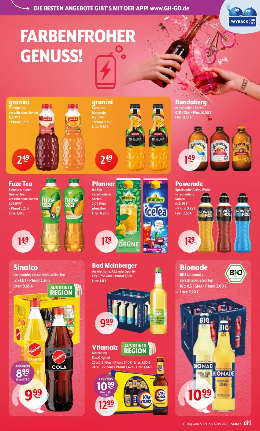 Aktueller Prospekt Getraenke Hoffmann - Prospekte - von 22.09 bis 27.09.2025 - strona 3 - produkty: angebot, angebote, apfel, Apfelschorle, Bad, Berger, bio, bio limo, bionade, Bundaberg, eis, fuze tea, gin, granini, grüner tee, ice tea, limo, limonade, malz, maracuja, nuss, pfanne, Pfanner, reis, schorle, sinalco, Sport, tee, Ti, vita, vitamalz