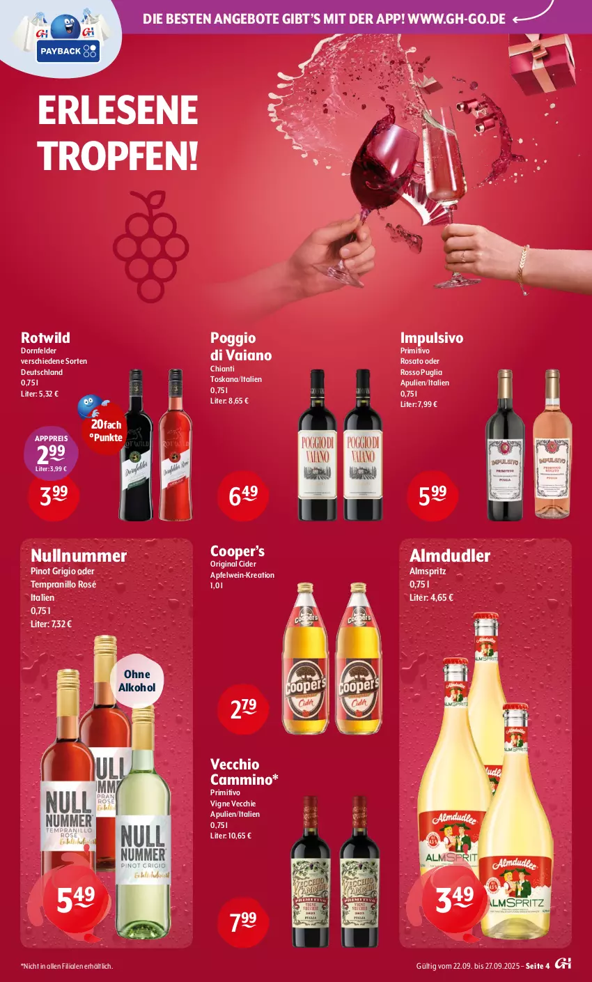 Aktueller Prospekt Getraenke Hoffmann - Prospekte - von 22.09 bis 27.09.2025 - strona 4 - produkty: alkohol, almdudler, angebot, angebote, apfel, apfelwein, chia, chianti, cider, dornfelder, eis, gin, ohne alkohol, Pinot, pinot grigio, primitivo, reis, rosato, tempranillo, Ti, wein, Wild
