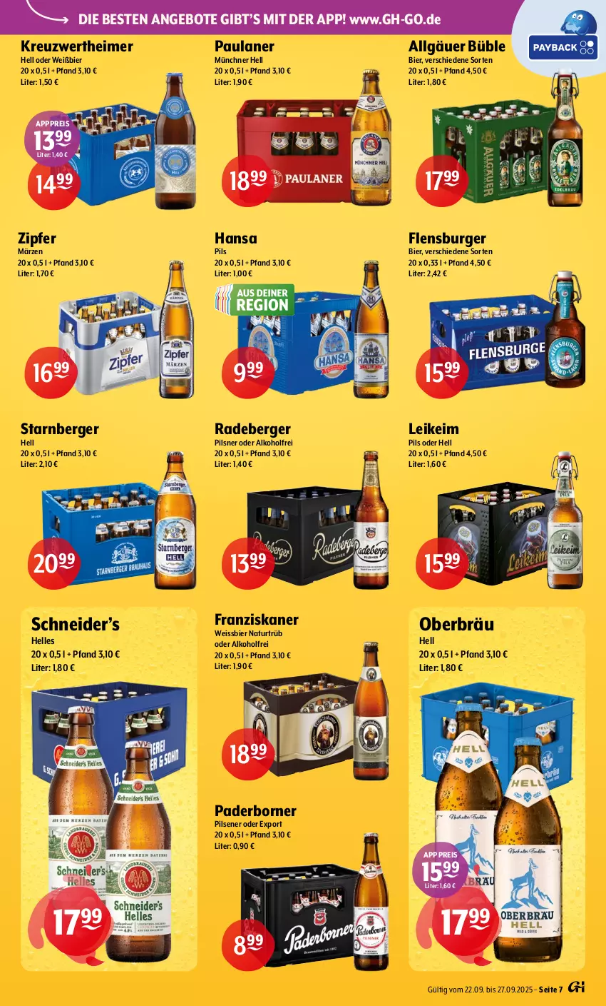 Aktueller Prospekt Getraenke Hoffmann - Prospekte - von 22.09 bis 27.09.2025 - strona 7 - produkty: alkohol, angebot, angebote, Berger, bier, burger, eimer, eis, elle, flensburger, franziskaner, LG, natur, Paula, paulaner, pils, pilsener, pilsner, radeberger, reis, Ti, weissbier, Zipfer