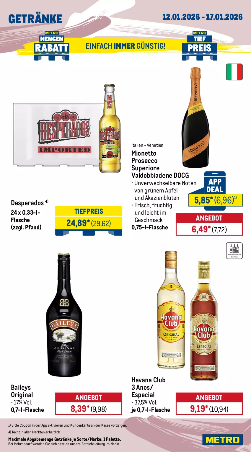 Aktueller Prospekt Metro - Wochen-Angebote Gastro - von 12.01 bis 17.01.2026 - strona 17 - produkty: alkohol, angebot, apfel, baileys, Blüte, coupon, desperados, ecco, eis, flasche, frucht, getränk, getränke, gin, gordon, Gordon’s, Havana Club, limo, mac, mionetto, Palette, prosecco, reis, rwe, Ti, tiefpreis, valdo