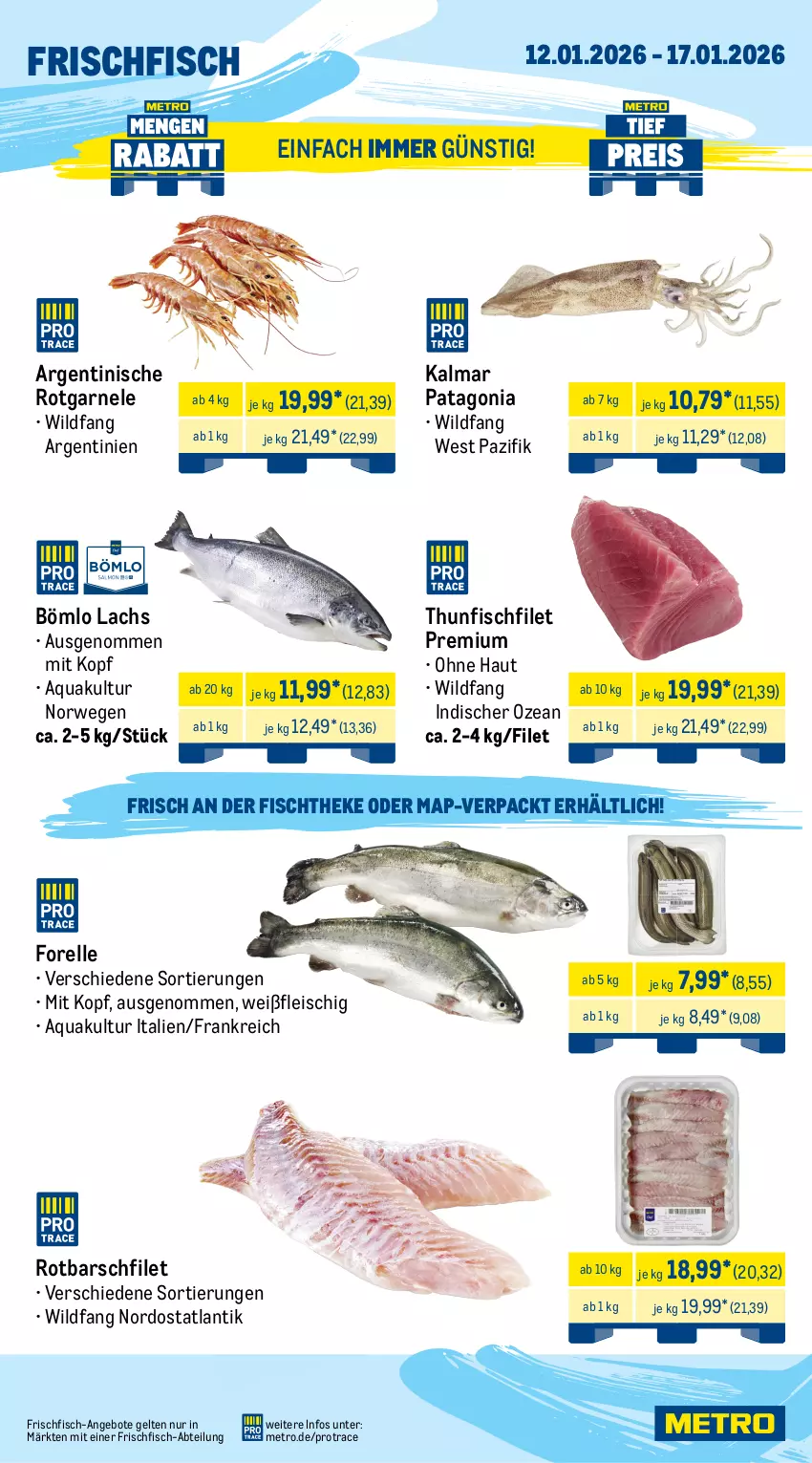 Aktueller Prospekt Metro - Wochen-Angebote Gastro - von 12.01 bis 17.01.2026 - strona 6 - produkty: Abtei, angebot, angebote, aqua, Becher, beutel, eis, elle, filet, filets, fisch, fische, Fischer, fischtheke, fleisch, forelle, frischfisch, frutti di mare, garnelen, knoblauch, krone, lachs, lachsfilet, matjes, Metro, Muscheln, rel, Rotbarsch, rotbarschfilet, rwe, Schal, Schale, Schere, seelachsfilet, thunfisch, Ti, Waage, Wild
