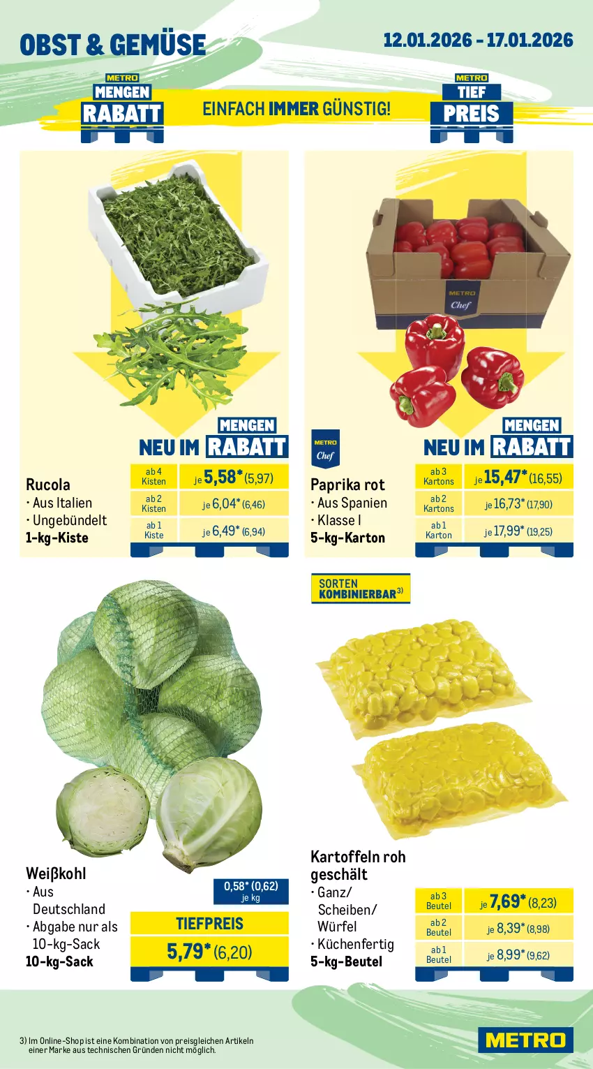 Aktueller Prospekt Metro - Wochen-Angebote Gastro - von 12.01 bis 17.01.2026 - strona 9 - produkty: beere, beeren, beutel, cola, eis, erdbeere, erdbeeren, früchte, grana, Granatäpfel, kartoffel, kartoffeln, küche, Küchen, obst, paprika, paprika rot, Rana, reis, rucola, sac, Schal, Schale, Ti, tiefpreis, Weißkohl, würfel, zitrone, zitronen