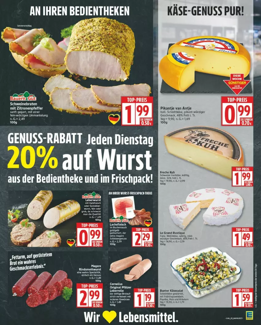 Aktueller Prospekt Edeka - Prospekte - von 10.11 bis 15.11.2025 - strona 5 - produkty: aeg, auer, Bau, Bauer, braten, eis, fleisch, gin, hartkäse, HP, Kalbfleisch, Käse, lachs, Leberrolle, mac, mais, Mantel, mit kalbfleisch, paprika, pfeffer, reis, salat, schnittkäse, schwein, schweine, schweinebraten, schweizer hartkäse, sim, Ti, top-preis, weichkäse, wein, weine, würfel, wurst, zitrone, zitronen