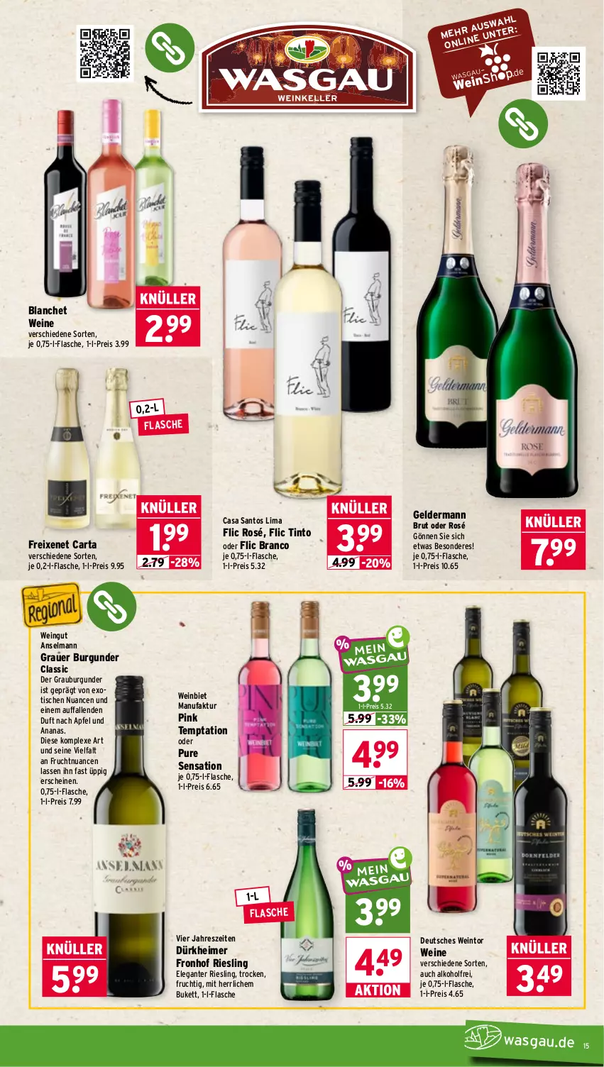 Aktueller Prospekt Wasgau - von 08.06 bis 13.06.2026 - strona 15 - produkty: alkohol, ananas, apfel, auer, brut, burgunder, eimer, eis, Faktu, flasche, freixenet, frucht, geldermann, grauburgunder, grauer burgunder, Nuance, reis, riesling, Ti, tisch, wein, weine