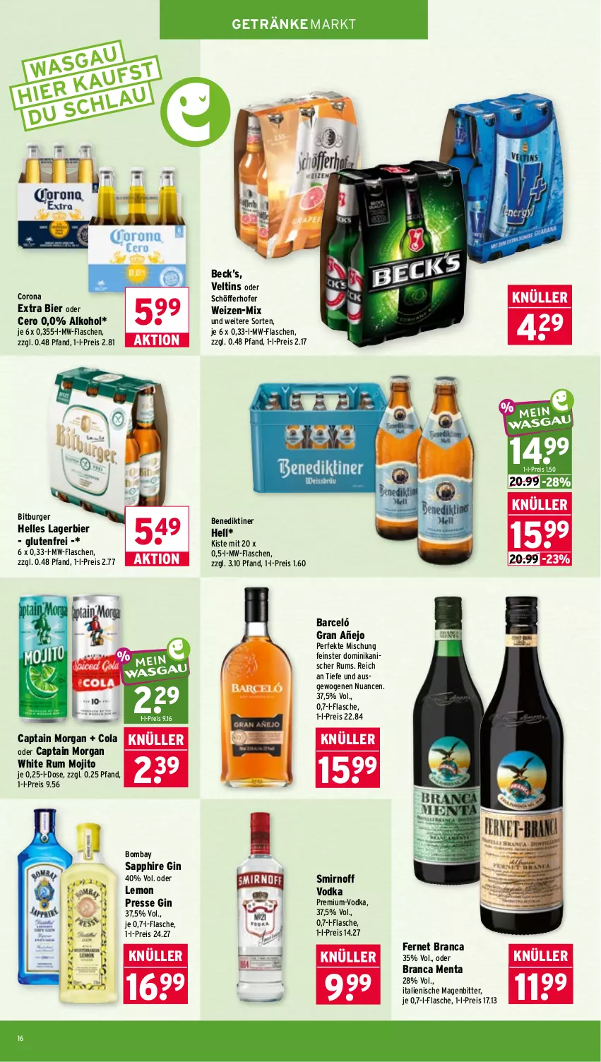 Aktueller Prospekt Wasgau - von 08.06 bis 13.06.2026 - strona 16 - produkty: alkohol, Benediktiner, bier, bitburger, bombay sapphire, burger, Cap, captain morgan, cola, corona, corona extra, eis, elle, Fernet, fernet branca, flasche, getränk, getränke, gin, Lagerbier, mojito, mw-flasche, Nuance, reis, rum, sapphire, schöfferhofer, smirnoff, Ti, veltins, vodka, white rum