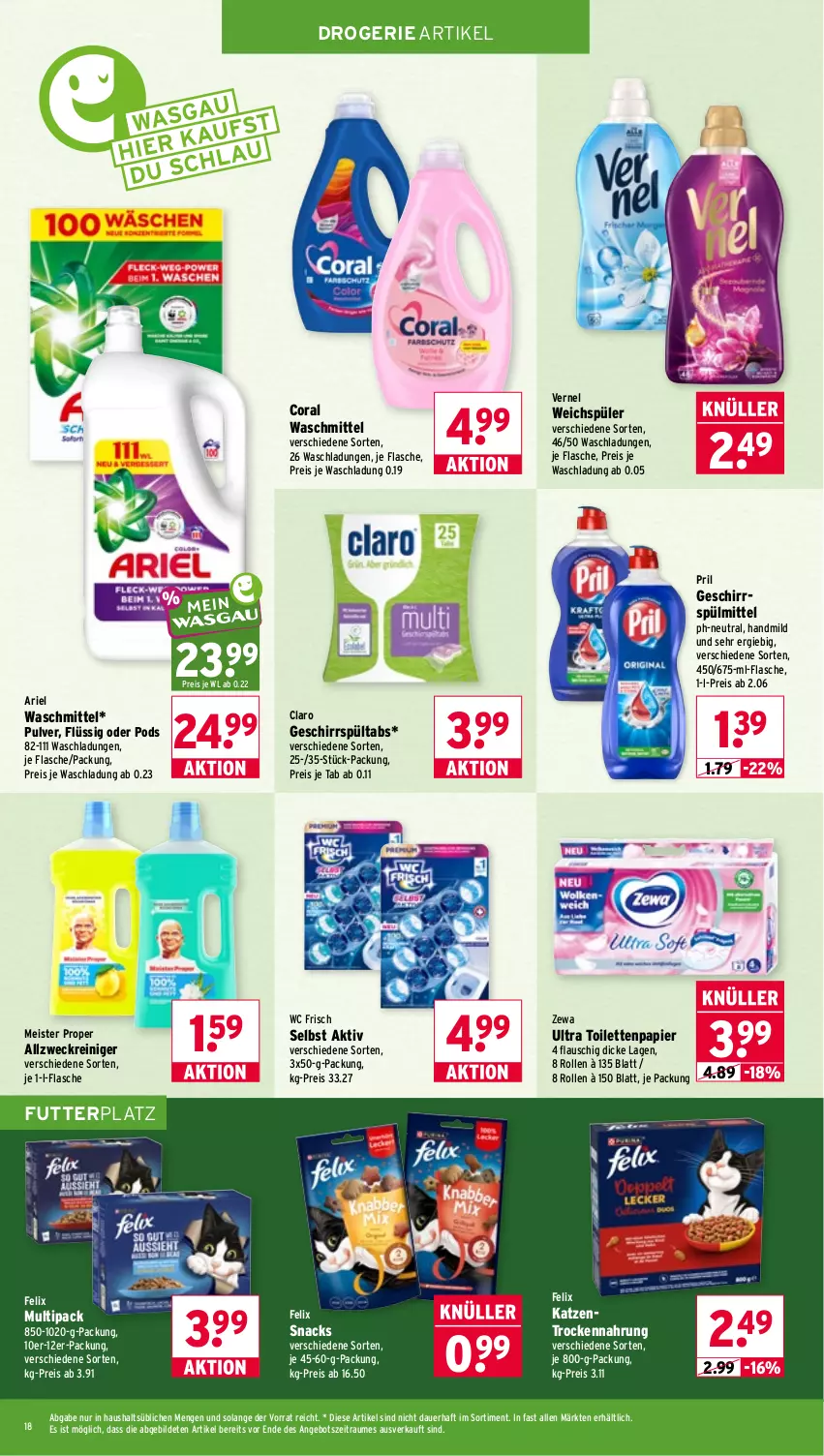 Aktueller Prospekt Wasgau - von 08.06 bis 13.06.2026 - strona 18 - produkty: allzweckreiniger, angebot, ariel, ariel waschmittel, auer, Coral, eis, felix, flasche, geschirr, geschirrspülmittel, Meister, meister proper, papier, Pods, pril, reiniger, reis, snack, snacks, spülmittel, Ti, toilettenpapier, Trockennahrung, vernel, waschmittel, wc frisch, weck, weichspüler, zewa