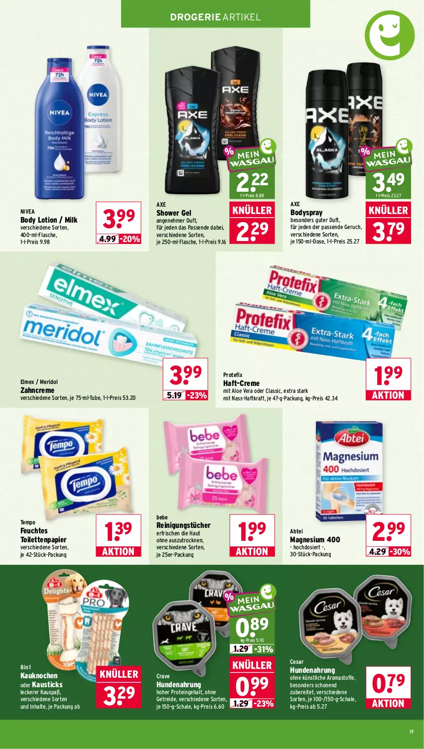 Aktueller Prospekt Wasgau - von 08.06 bis 13.06.2026 - strona 19 - produkty: Abtei, aloe vera, aust, axe, Bebe, body, body lotion, bodyspray, creme, eis, elmex, feuchtes toilettenpapier, flasche, hundenahrung, kraft, Lotion, magnesium, magnesium 400, meridol, nivea, papier, Reinigung, reinigungstücher, reis, Schal, Schale, Tempo, Ti, toilettenpapier, tücher, zahncreme