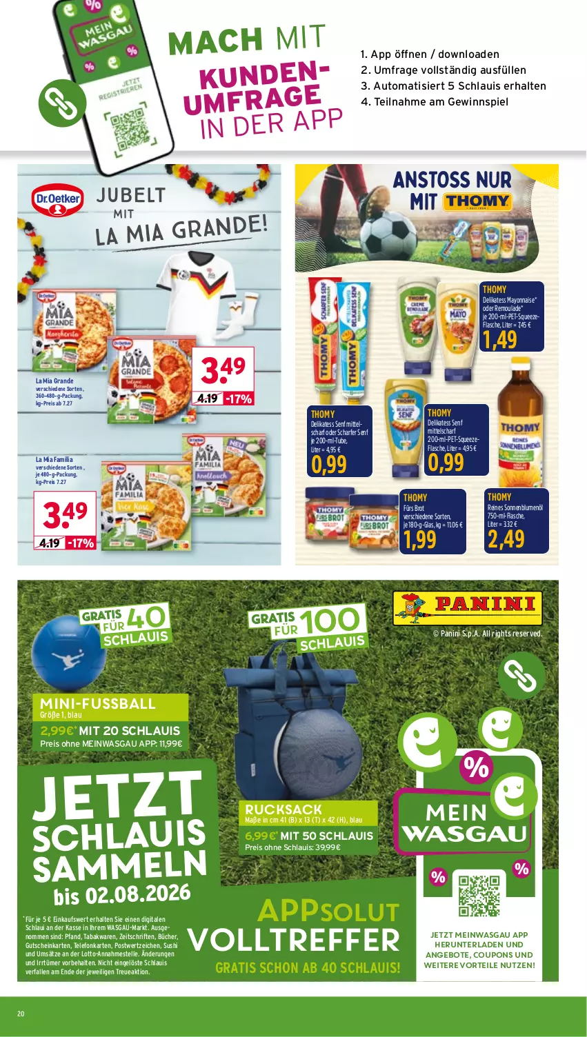 Aktueller Prospekt Wasgau - von 08.06 bis 13.06.2026 - strona 20 - produkty: angebot, angebote, auto, ball, blume, blumen, blumenöl, brot, coupon, coupons, delikatess senf, eis, elle, flasche, gewinnspiel, gutschein, mac, mayonnaise, reis, remoulade, rucksack, sac, senf, sonnenblume, sonnenblumen, sonnenblumenöl, Sushi, telefon, thomy, Ti, Yo