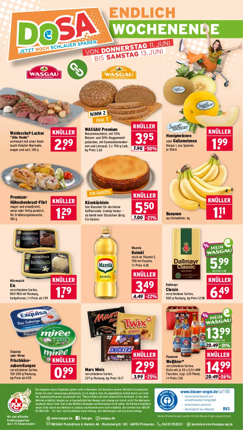 Aktueller Prospekt Wasgau - von 08.06 bis 13.06.2026 - strona 26 - produkty: angebot, angebote, auer, banane, bananen, bier, bio, blume, blumen, Brei, brot, dallmayr, drucker, eis, elle, Engel, erde, exquisa, filet, flasche, frischkäse, frischkäsezubereitung, galiamelone, geback, gewürz, hähnchenbrust, honig, honigmelone, honigmelonen, kaffee, Kaiser, Käse, keimöl, kerze, knoblauch, kräuter, lachs, latte, leine, marinade, mars, mazola, mehl, melone, melonen, miree, mövenpick, mövenpick eis, natur, Nimm 2, papier, Paula, paulaner, reis, sonnenblume, sonnenblumen, Sonnenblumenkerne, sonnenblumenkernen, Ti, vita, weizenmischbrot