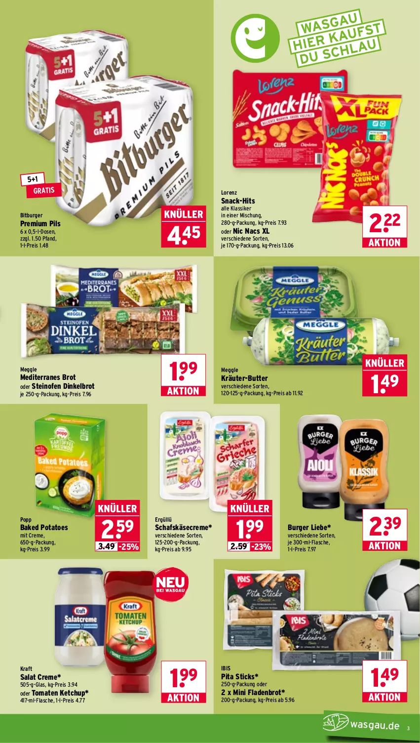 Aktueller Prospekt Wasgau - von 08.06 bis 13.06.2026 - strona 3 - produkty: baked potatoes, bitburger, brot, burger, butter, creme, Dinkelbrot, eis, Fladenbrot, flasche, je 250-g-packung, Käse, ketchup, kraft, kräuter, kräuter-butter, lorenz, meggle, Ofen, pils, Popp, potatoes, premium pils, reis, salat, schafskäse, snack, steinofen, Ti, tomate, tomaten, tomaten ketchup