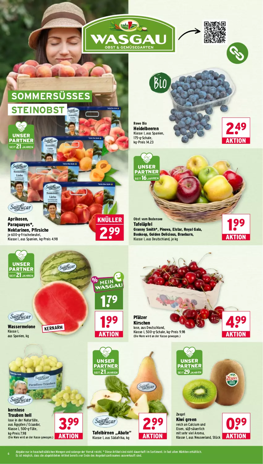 Aktueller Prospekt Wasgau - von 08.06 bis 13.06.2026 - strona 6 - produkty: angebot, aprikose, aprikosen, auer, beere, beeren, beutel, bio, Birnen, Calcium, eis, Elan, heidelbeere, heidelbeeren, kirsch, kirsche, kirschen, kiwi, melone, natur, Nektar, nektarinen, obst, paraguayos, pfirsich, pfirsiche, reis, rewe bio, Schal, Schale, tafeläpfel, tafelbirnen, Ti, trauben, Tüte, wasser, wassermelone, Yo, zespri