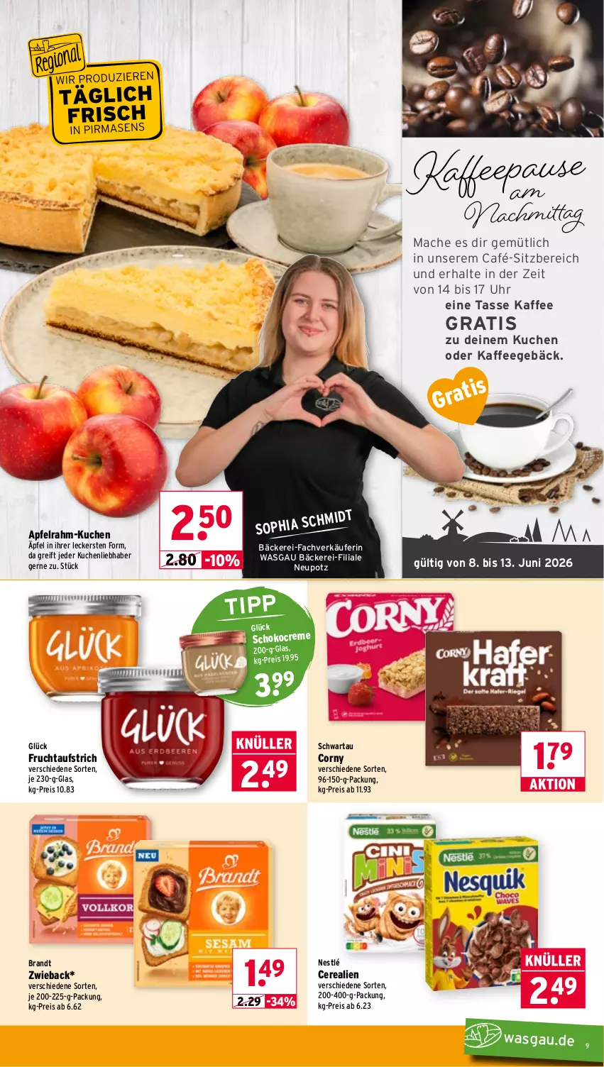Aktueller Prospekt Wasgau - von 08.06 bis 13.06.2026 - strona 9 - produkty: apfel, aufstrich, brandt, cerealien, corny, creme, eis, frucht, fruchtaufstrich, kaffee, kuchen, mac, nestlé, reis, schoko, Schwartau, tasse, Ti, uhr
