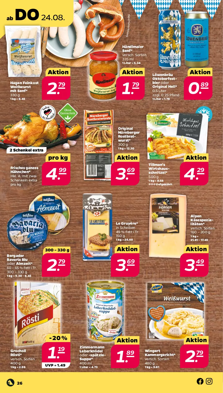 Aktueller Prospekt Netto - Woche 34 - von 21.08 bis 26.08.2023 - strona 26 - produkty: bavaria blu, bergader, Berger, bier, bratwurst, feinkost, gin, händlmaier, henkel, Käse, Knödel, Leberknödel, nürnberger, Ria, rostbratwurst, schenkel, schnitzel, senf, Spezi, suppe, Ti, Weißwurst, wurst