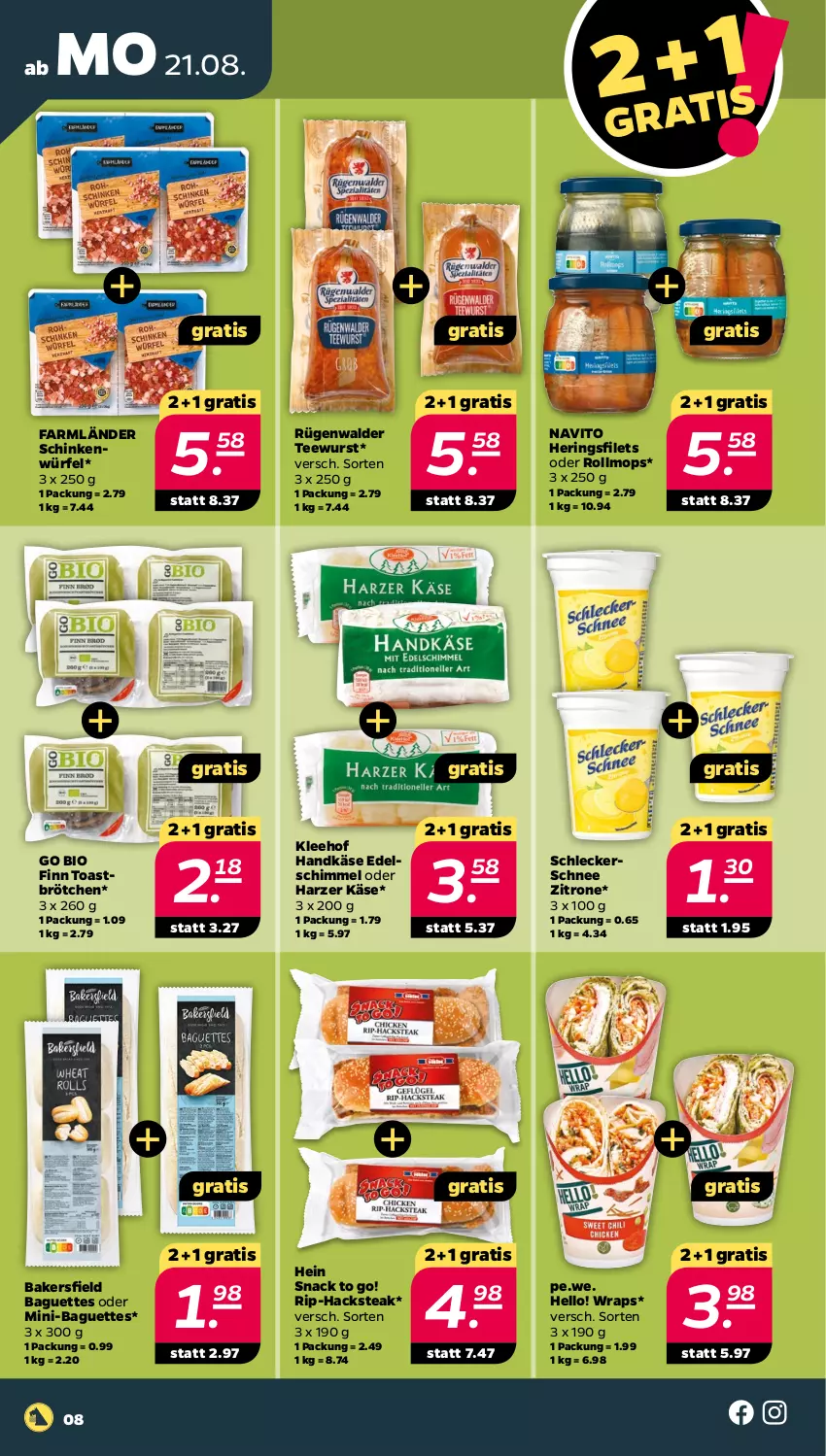 Aktueller Prospekt Netto - Woche 34 - von 21.08 bis 26.08.2023 - strona 8 - produkty: baguette, baguettes, bio, brötchen, filet, filets, hering, Herings, heringsfilets, Käse, ndk, ring, rügenwalder, schinken, snack, steak, tee, teewurst, Ti, toast, wrap, wraps, würfel, wurst, zitrone