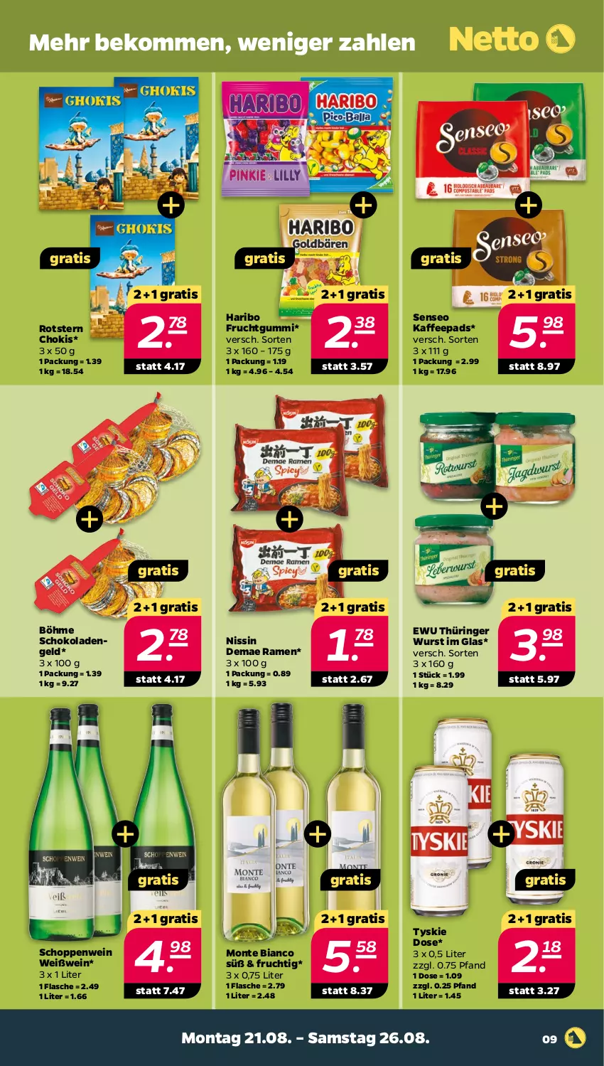 Aktueller Prospekt Netto - Woche 34 - von 21.08 bis 26.08.2023 - strona 9 - produkty: beko, Engel, flasche, frucht, fruchtgummi, haribo, kaffee, kaffeepads, monte, Nissin, ring, schoko, schokolade, schokoladen, senseo, Ti, tyskie, wein, Weißwein, wurst