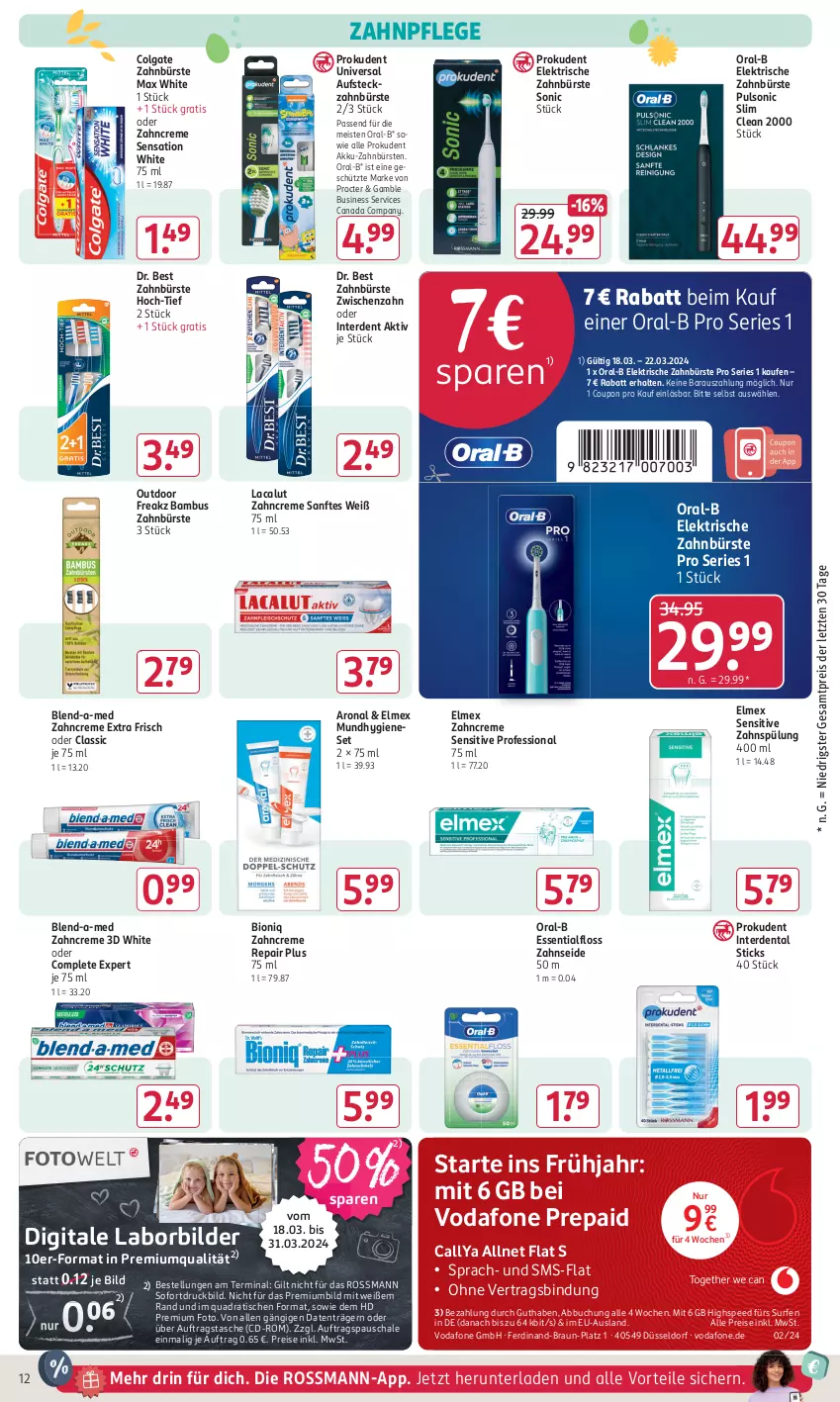 Aktueller Prospekt Rossmann - Prospekte - von 18.03 bis 22.03.2024 - strona 12 - produkty: akku, allnet flat, bambus, bio, blend-a-med, braun, buch, bürste, bürsten, colgate, coupon, creme, Dr. Best, eis, elektrische zahnbürste, elmex, erde, Essentialfloss, Lacalut, LG, Max White, Mundhygiene, oral-b, Prokudent, quad, reis, Schal, Schale, spee, spülung, Surf, Tasche, Ti, tisch, vodafone, zahnbürste, zahnbürsten, zahncreme, Zahnseide, ZTE