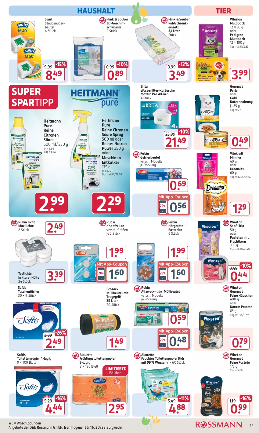 Aktueller Prospekt Rossmann - Prospekte - von 18.03 bis 22.03.2024 - strona 15 - produkty: alouette, angebot, angebote, batterie, batterien, beutel, brita, coupon, dell, dreamies, elle, entkalker, feuchtes toilettenpapier, frucht, gefrierbeutel, geschirr, heitmann, katzennahrung, kraft, kühlschrank, Maxtra, mit frucht, Mode, müllbeutel, natur, papier, pastete, pedigree, Rubin, sac, Schrank, schwamm, spartipp, staubsauger, staubsaugerbeutel, swirl, Tasche, taschen, taschentücher, tee, Teelicht, teelichte, Ti, toilettenpapier, tragegriff, tücher, vita, vitakraft, wasser, wasserfilter, weck, wedel, whiskas