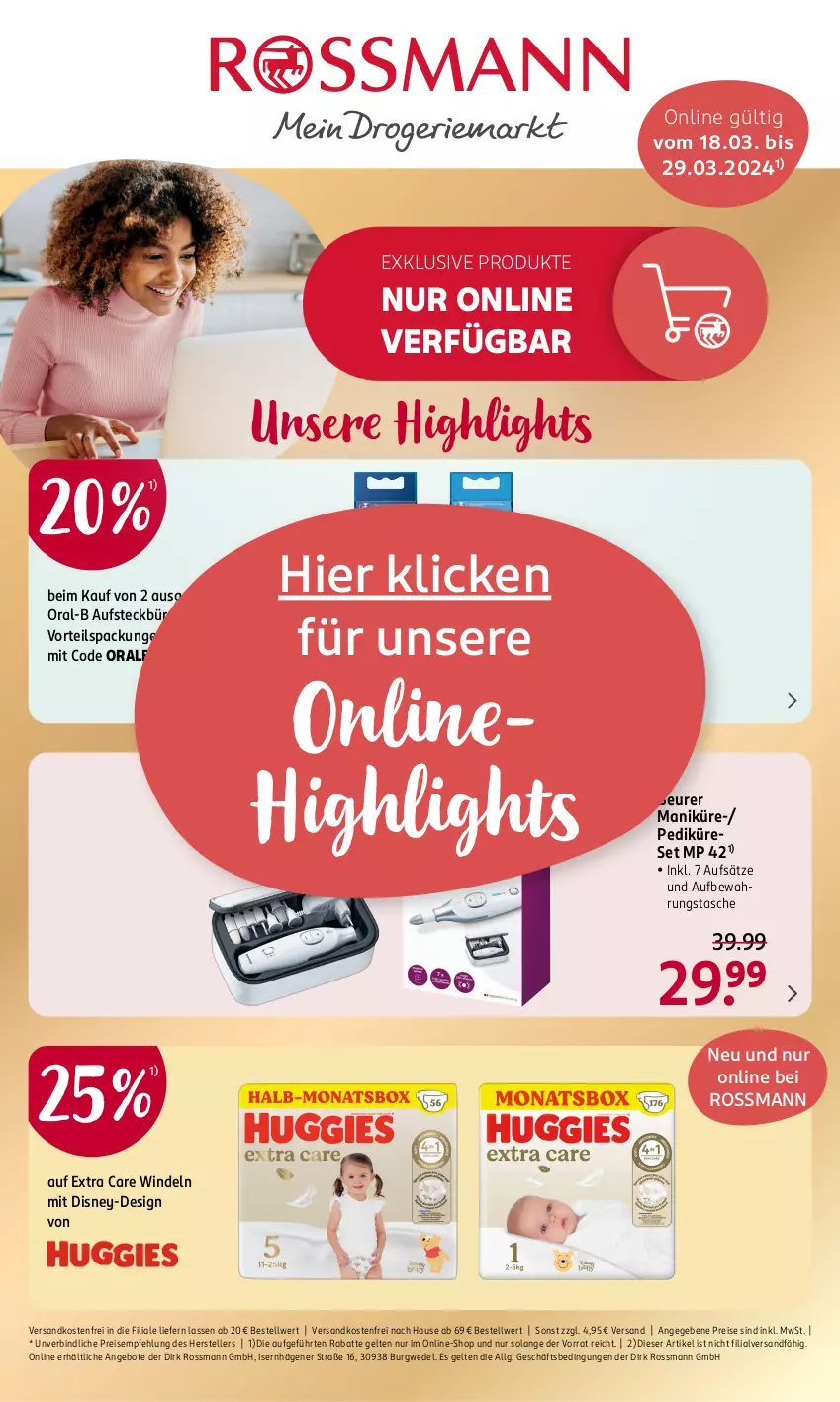 Aktueller Prospekt Rossmann - Prospekte - von 18.03 bis 22.03.2024 - strona 21 - produkty: angebot, angebote, aufbewahrungstasche, aufsteckbürsten, beurer, bürste, bürsten, disney, eis, elle, LG, ndk, oral-b, oralb, reis, Tasche, teller, Ti, versandkostenfrei, wedel, windeln