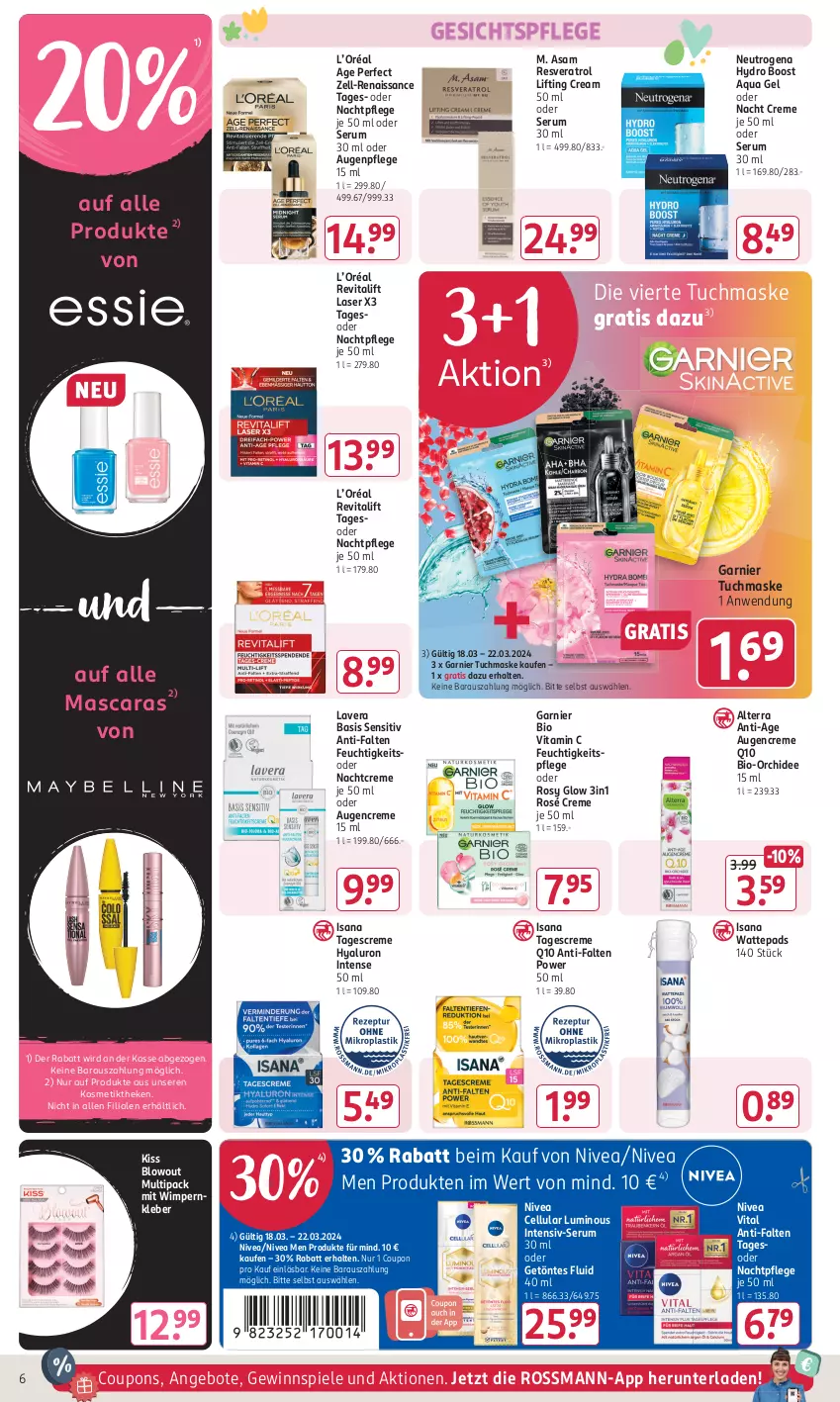 Aktueller Prospekt Rossmann - Prospekte - von 18.03 bis 22.03.2024 - strona 6 - produkty: alterra, angebot, angebote, aqua, Augenpflege, bio, coupon, coupons, creme, feuchtigkeitspflege, garnier, gesichtspflege, gewinnspiel, hyaluron, isana, kleber, kosmetik, lavera, Mascara, Maske, nachtcreme, nachtpflege, neutrogena, nivea, Nivea Men, orchidee, Q10, Revital, revitalift, rum, sana, Serum, Spiele, tagescreme, Ti, tuc, tuchmaske, vita, Vitamin C, wattepads