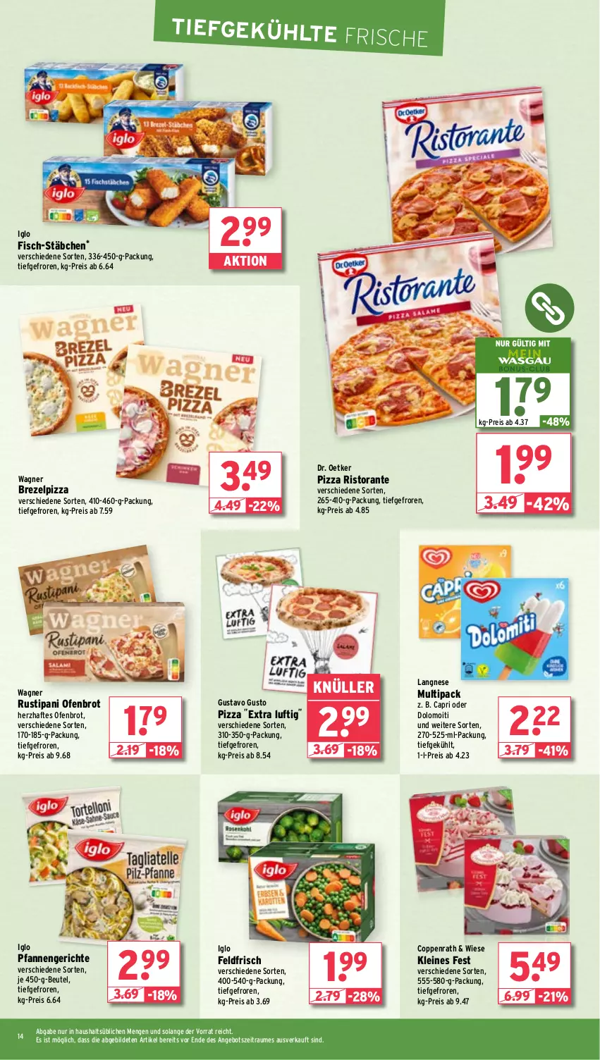 Aktueller Prospekt Wasgau - von 04.03 bis 09.03.2024 - strona 14 - produkty: angebot, beutel, brezel, brot, Cap, coppenrath, Dr. Oetker, eis, fisch, iglo, langnese, leine, Ofen, pfanne, pfannen, pizza, reis, ristorante, rustipani, Ti, wagner