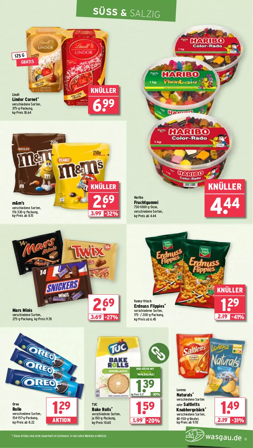 Aktueller Prospekt Wasgau - von 04.03 bis 09.03.2024 - strona 15 - produkty: auer, beutel, eis, erdnuss, flippies, frucht, fruchtgummi, funny-frisch, haribo, lindor, lindt, lorenz, mars, natur, natura, nuss, oreo, reis, saltletts, salz, Ti, tuc