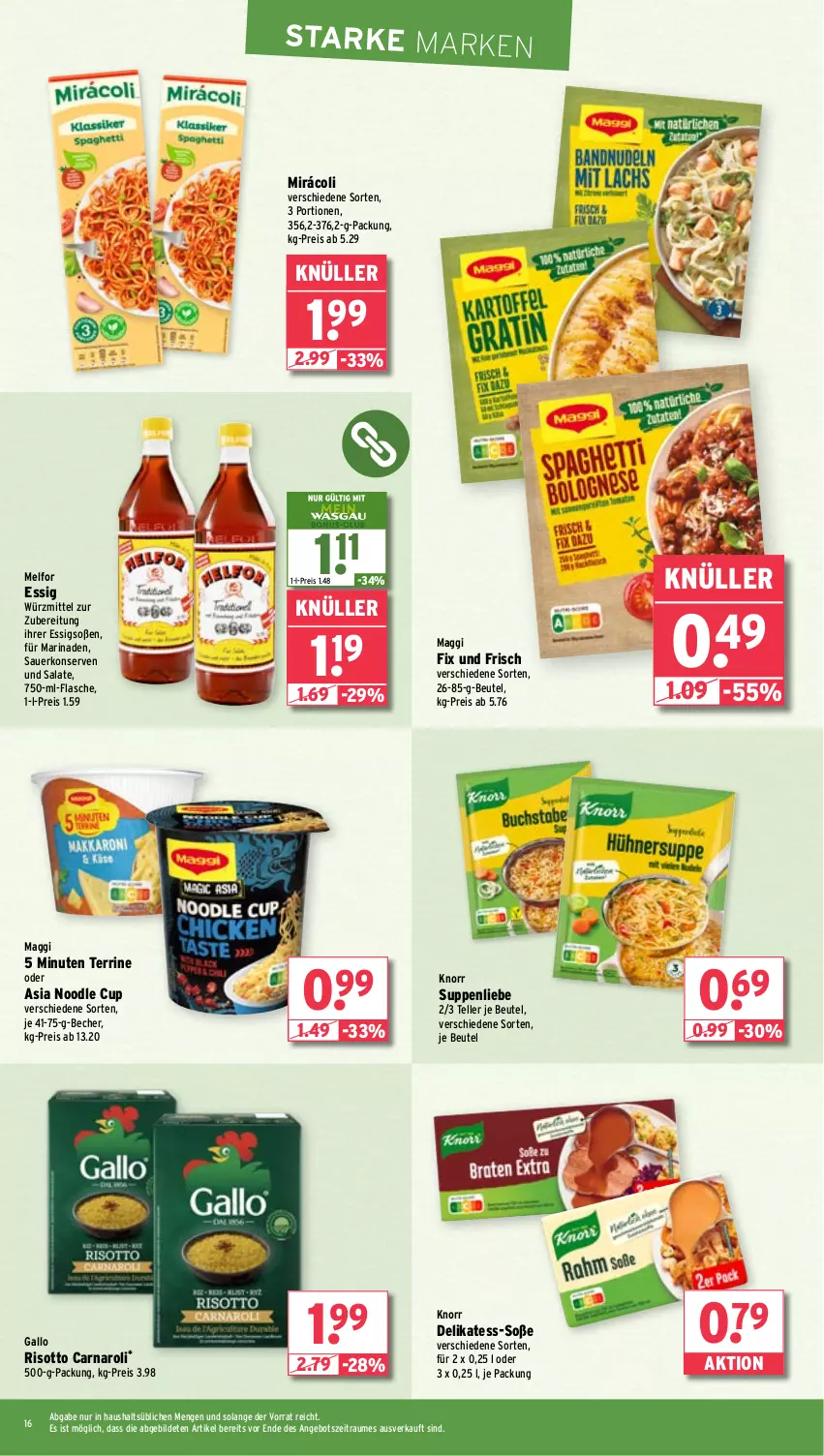 Aktueller Prospekt Wasgau - von 04.03 bis 09.03.2024 - strona 16 - produkty: angebot, auer, Becher, beutel, eis, elle, essig, flasche, gallo, knorr, Konserven, maggi, maggi fix, marinade, Mirácoli, reis, risotto, salat, salate, Soße, suppe, suppen, suppenliebe, teller, terrine, Ti