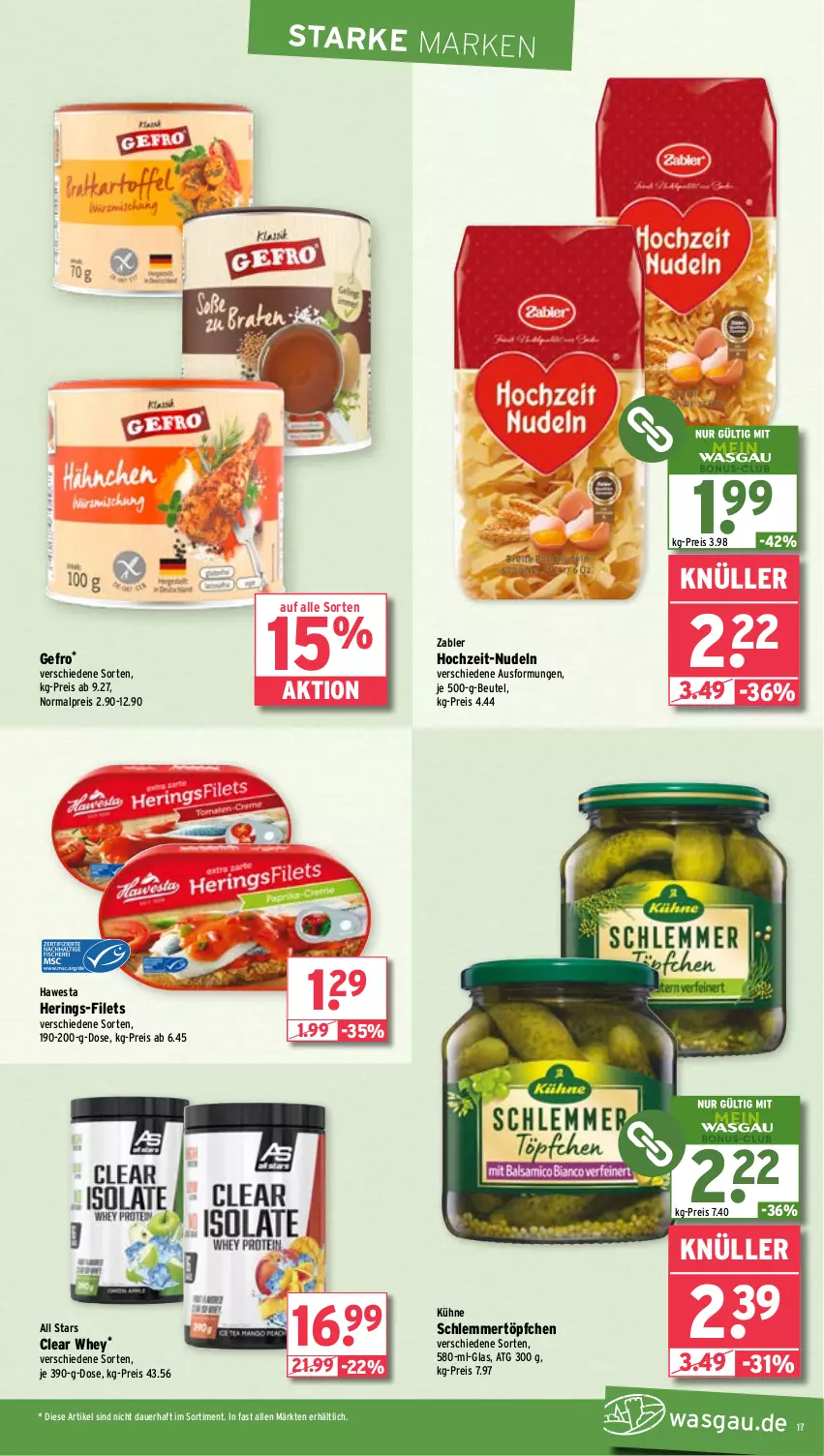 Aktueller Prospekt Wasgau - von 04.03 bis 09.03.2024 - strona 17 - produkty: auer, beutel, eis, filet, filets, hawesta, hering, Herings, Kühne, nudel, nudeln, reis, ring, schlemmertöpfchen, Ti, Töpfchen, Zabler