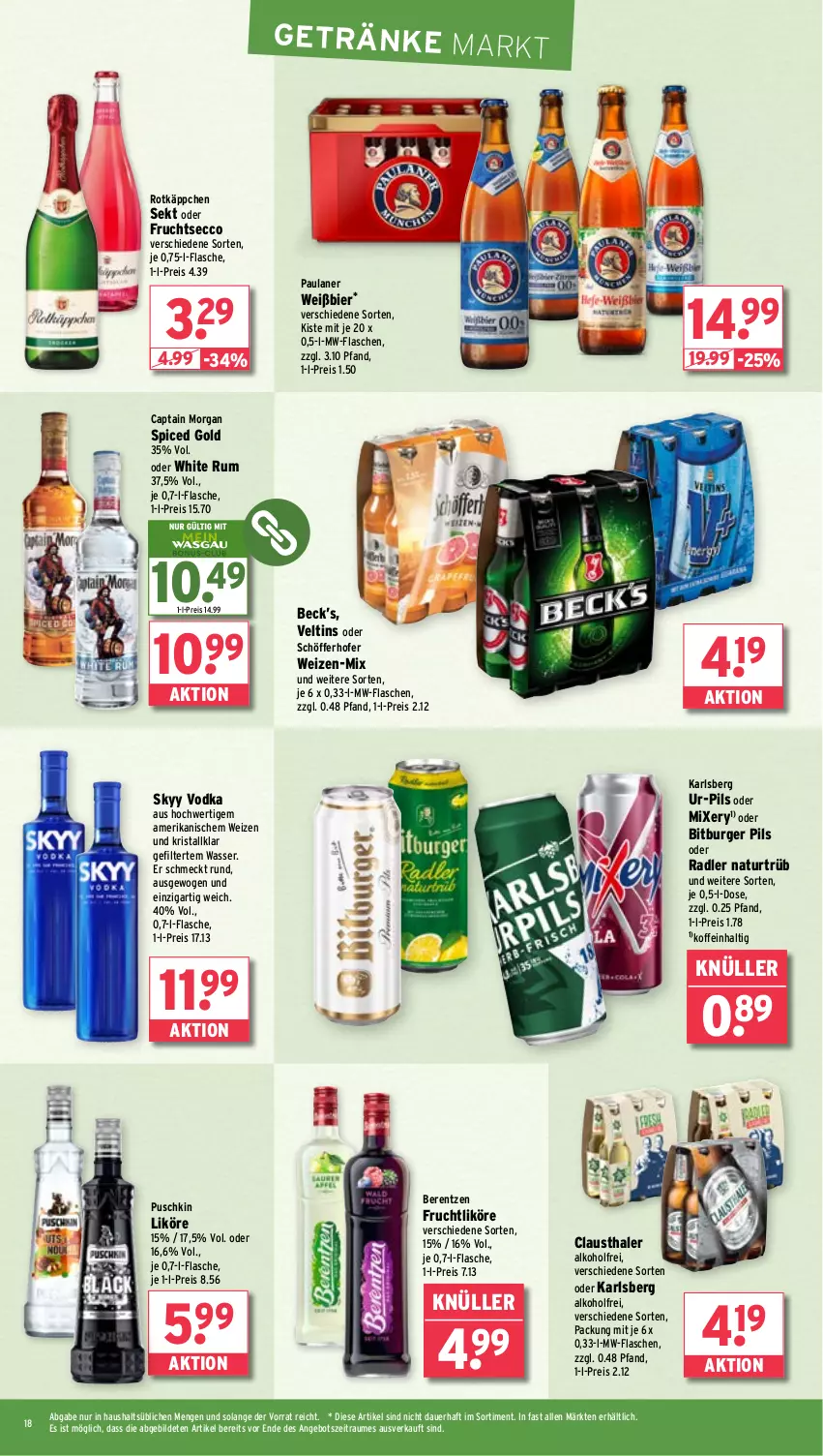 Aktueller Prospekt Wasgau - von 04.03 bis 09.03.2024 - strona 18 - produkty: alkohol, angebot, auer, aust, berentzen, bier, bitburger, bitburger pils, burger, Cap, captain morgan, clausthaler, ecco, eis, flasche, frucht, fruchtsecco, getränk, getränke, karlsberg, likör, Mixer, mixery, mw-flasche, natur, oder radler, Paula, paulaner, pils, radler, reis, rotkäppchen, rum, schöfferhofer, sekt, skyy, Skyy Vodka, Ti, veltins, vodka, wasser, white rum