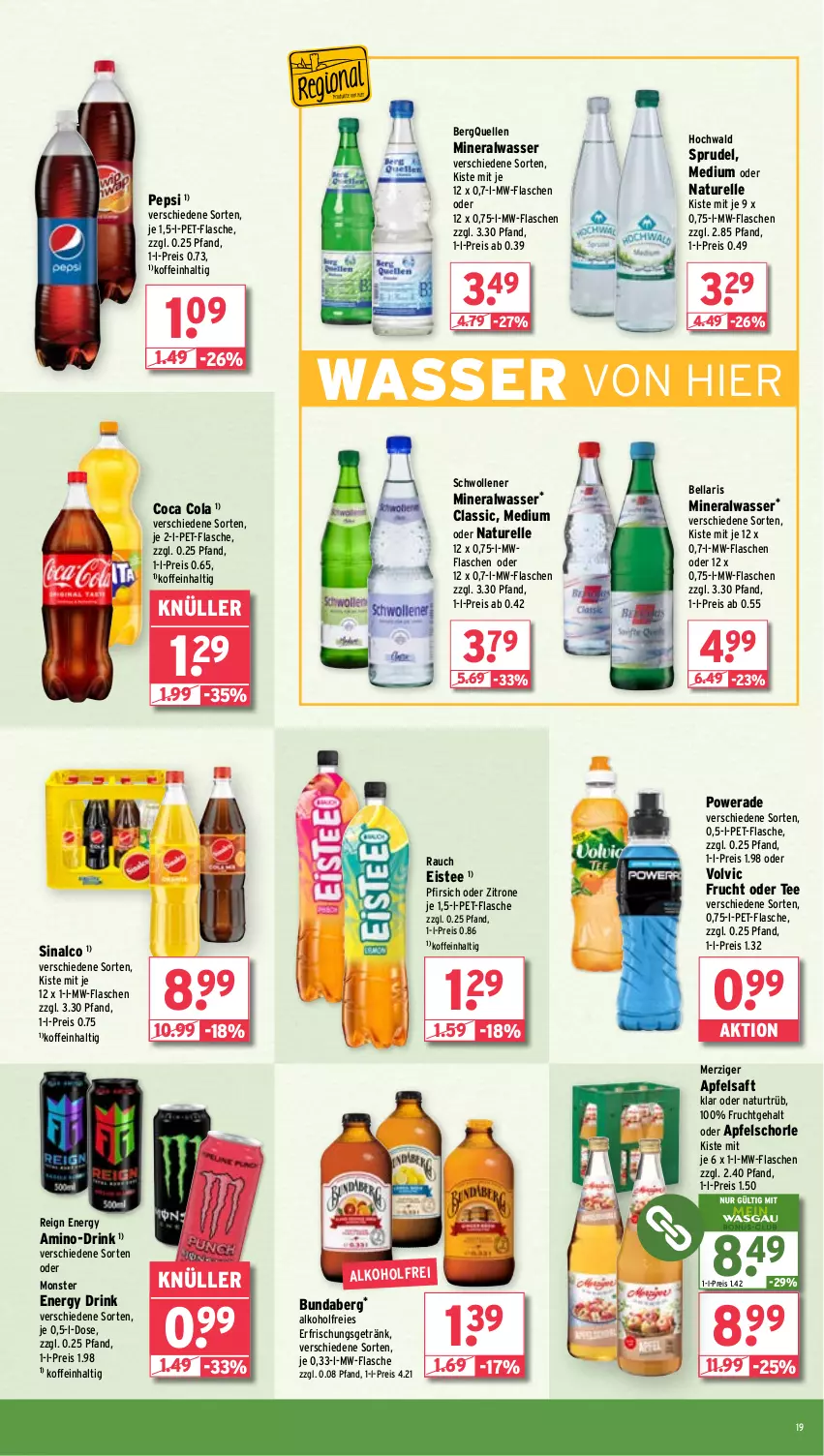 Aktueller Prospekt Wasgau - von 04.03 bis 09.03.2024 - strona 19 - produkty: alkohol, Alwa, apfel, apfelsaft, Apfelschorle, Bundaberg, cola, drink, eis, eistee, elle, energy drink, erfrischungsgetränk, flasche, frucht, getränk, hochwald, mineralwasser, monster, Monster Energy, mw-flasche, natur, pepsi, pet-flasche, pfirsich, Rauch, reis, rel, saft, schorle, sinalco, Sprudel, tee, Ti, volvic, wasser, wolle, zitrone