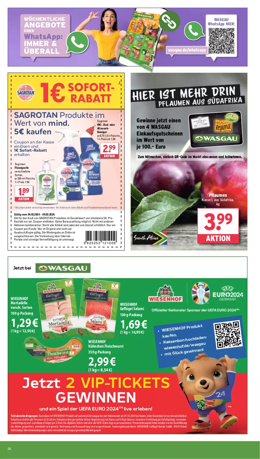 Aktueller Prospekt Wasgau - von 04.03 bis 09.03.2024 - strona 20 - produkty: allzweckreiniger, angebot, angebote, Bad, bio, biozidprodukte, Brei, coupon, dell, eis, erde, flasche, fleisch, fleischwurst, flüssigseife, Geflügel, gewinnspiel, gin, gutschein, gutscheine, LG, mac, mortadella, Persona, pflaume, pflaumen, Rauch, reiniger, reis, rwe, sagrotan, salami, Seife, sofort-rabatt, Ti, weck, wiesenhof, wurst