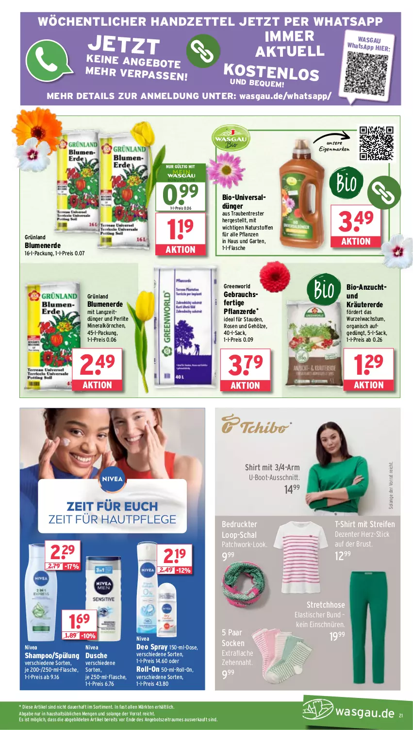 Aktueller Prospekt Wasgau - von 04.03 bis 09.03.2024 - strona 21 - produkty: angebot, asti, auer, bio, blume, blumen, blumenerde, deo, deo spray, dünger, dusche, eis, ente, erde, flasche, Garten, hose, kräuter, natur, nivea, pflanze, pflanzen, pflanzerde, Rauch, reifen, reis, roll-on, rosen, sac, Schal, shampoo, shirt, socken, spülung, stauden, T-Shirt, Ti, tisch, trauben