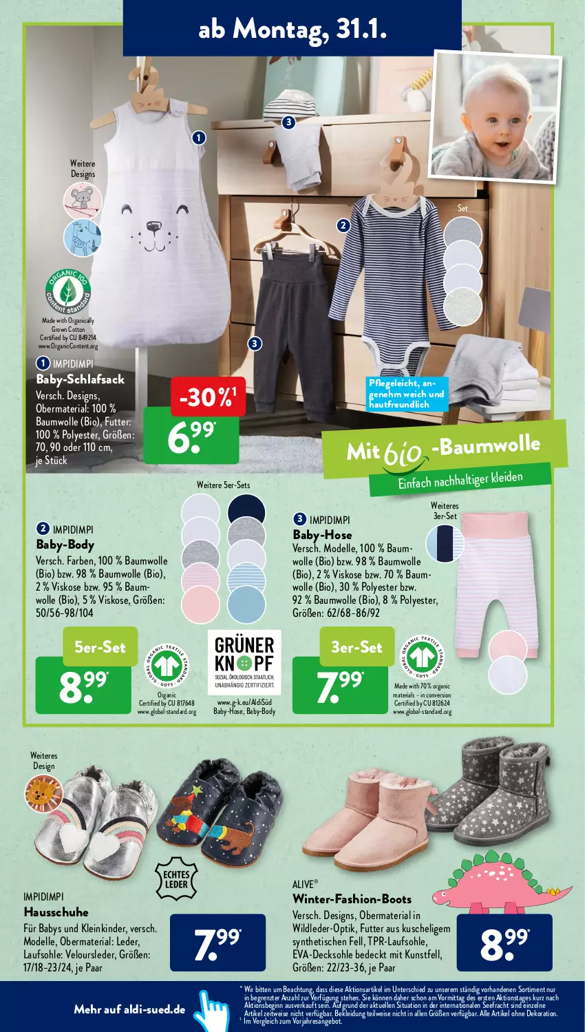 Aktueller Prospekt AldiSud - ALDI Aktuell - von 31.01 bis 05.02.2022 - strona 10 - produkty: aldi, alle artikel ohne dekoration, angebot, Bau, baumwolle, bio, body, decksohle, dekoration, dell, eis, elle, gin, Hausschuhe, hose, Kinder, kleid, Kleidung, Mode, resa, Ria, sac, schlafsack, schuhe, Ti, tisch, Wild, wolle, ZTE