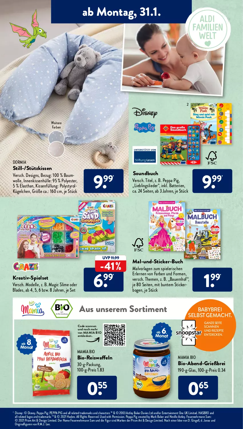 Aktueller Prospekt AldiSud - ALDI Aktuell - von 31.01 bis 05.02.2022 - strona 11 - produkty: auer, Bau, Bauer, bio, Brei, buch, decke, dell, disney, dormia, ehrmann, eis, eiswaffeln, elle, ente, gin, Hasbro, kissen, kissenhülle, mac, mam, Mode, Peppa Pig, reis, Reiswaffeln, rel, rezept, rezepte, rwe, senf, Slime, Soundbuch, Spiele, Ti, waffeln, wolle