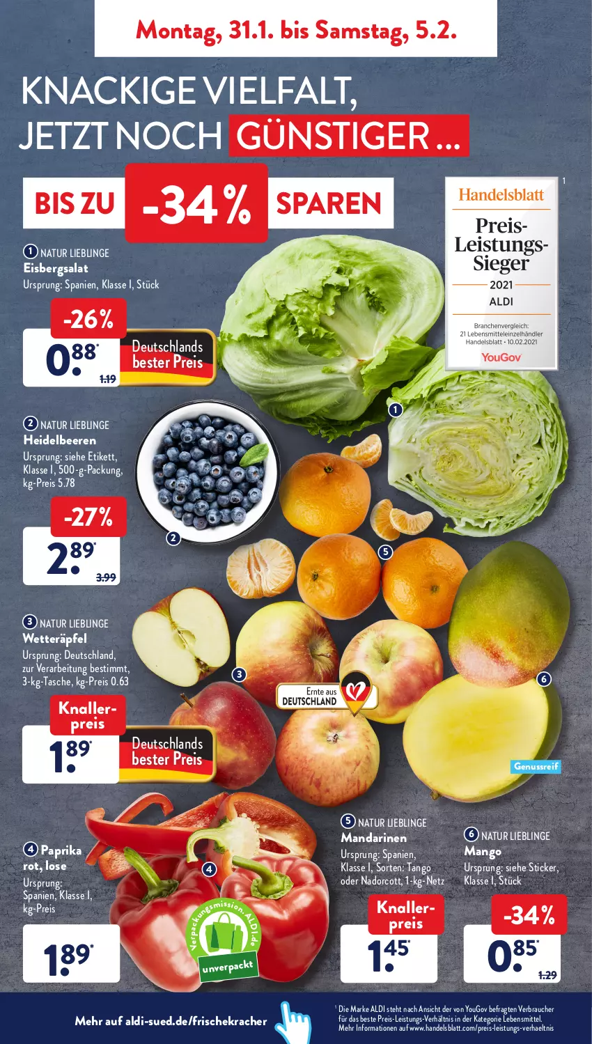 Aktueller Prospekt AldiSud - ALDI Aktuell - von 31.01 bis 05.02.2022 - strona 2 - produkty: aldi, beere, beeren, eis, eisbergsalat, heidelbeere, heidelbeeren, knallerpreis, kracher, lebensmittel, mandarine, mandarinen, mango, natur, nuss, paprika, paprika rot, Rauch, reis, salat, Tasche, Ti, Yo