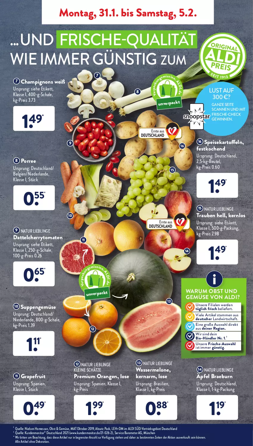 Aktueller Prospekt AldiSud - ALDI Aktuell - von 31.01 bis 05.02.2022 - strona 3 - produkty: aldi, alle artikel ohne dekoration, beutel, bio, champignon, champignons, cherrytomaten, dekoration, eis, elle, erde, grapefruit, kartoffel, kartoffeln, leine, LG, melone, monitor, natur, obst, Obst und Gemüse, orange, orangen, reis, rum, Schal, Schale, speisekartoffeln, suppe, suppen, Ti, tomate, tomaten, trauben, und gemüse, wasser, wassermelone, ZTE