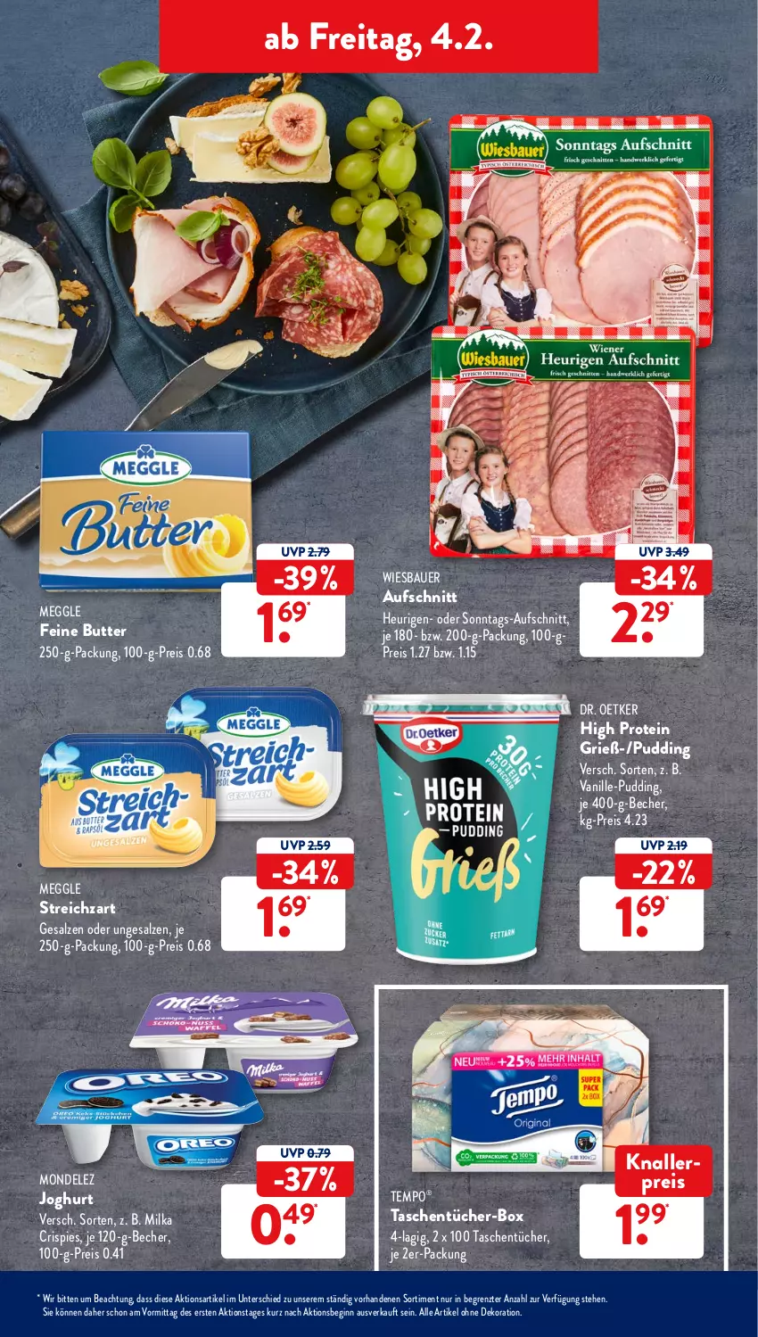 Aktueller Prospekt AldiSud - ALDI Aktuell - von 31.01 bis 05.02.2022 - strona 35 - produkty: alle artikel ohne dekoration, auer, aufschnitt, Bau, Bauer, Becher, butter, dekoration, Dr. Oetker, eis, gin, Heu, je 250-g-packung, joghur, joghurt, knallerpreis, meggle, milka, mondelez, pudding, reis, salz, Streichzart, Tasche, taschen, taschentücher, Tempo, Ti, tücher, vanille, wiesbauer, ZTE