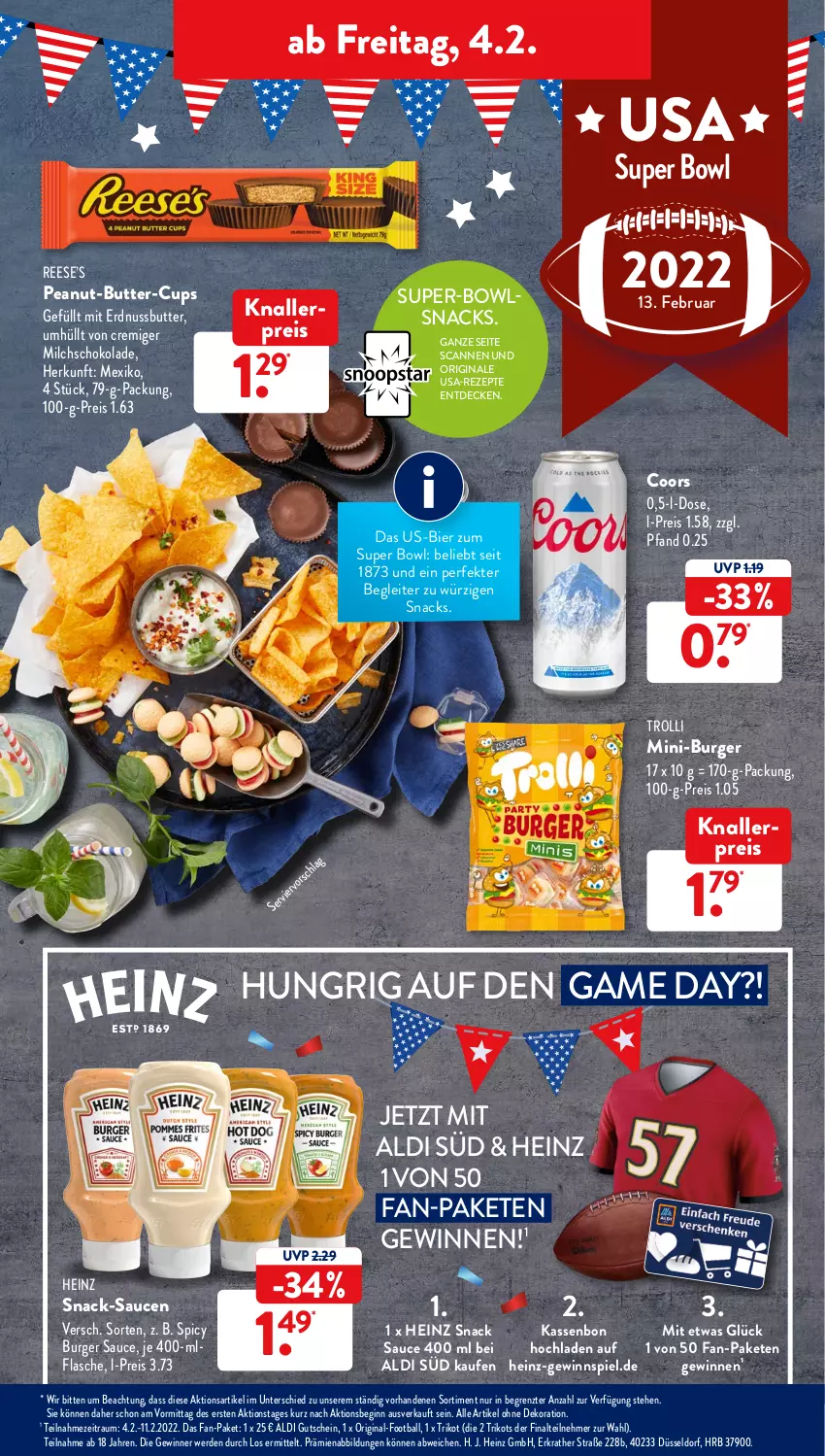 Aktueller Prospekt AldiSud - ALDI Aktuell - von 31.01 bis 05.02.2022 - strona 37 - produkty: aldi, alle artikel ohne dekoration, ball, bier, burger, Burger Sauce, butter, decke, dekoration, eis, erde, erdnuss, Erdnussbutter, flasche, gewinnspiel, gin, gutschein, heinz, knallerpreis, milch, nuss, reis, rezept, rezepte, sauce, saucen, schoko, schokolade, snack, snacks, Ti, Trikot, trolli, ZTE