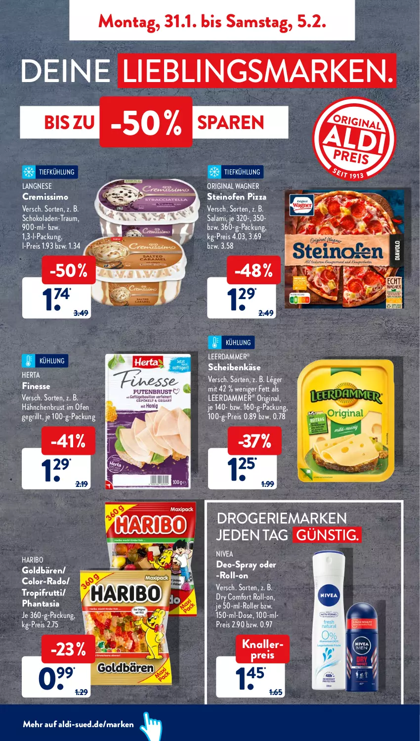 Aktueller Prospekt AldiSud - ALDI Aktuell - von 31.01 bis 05.02.2022 - strona 5 - produkty: aldi, cremissimo, deo, eis, finesse, gin, goldbären, grill, hähnchenbrust, haribo, herta, herta finesse, Käse, knallerpreis, langnese, leerdammer, nivea, Ofen, original wagner, pizza, reis, roll-on, Roller, salami, schoko, schokolade, schokoladen, sim, steinofen, steinofen pizza, Ti, wagner