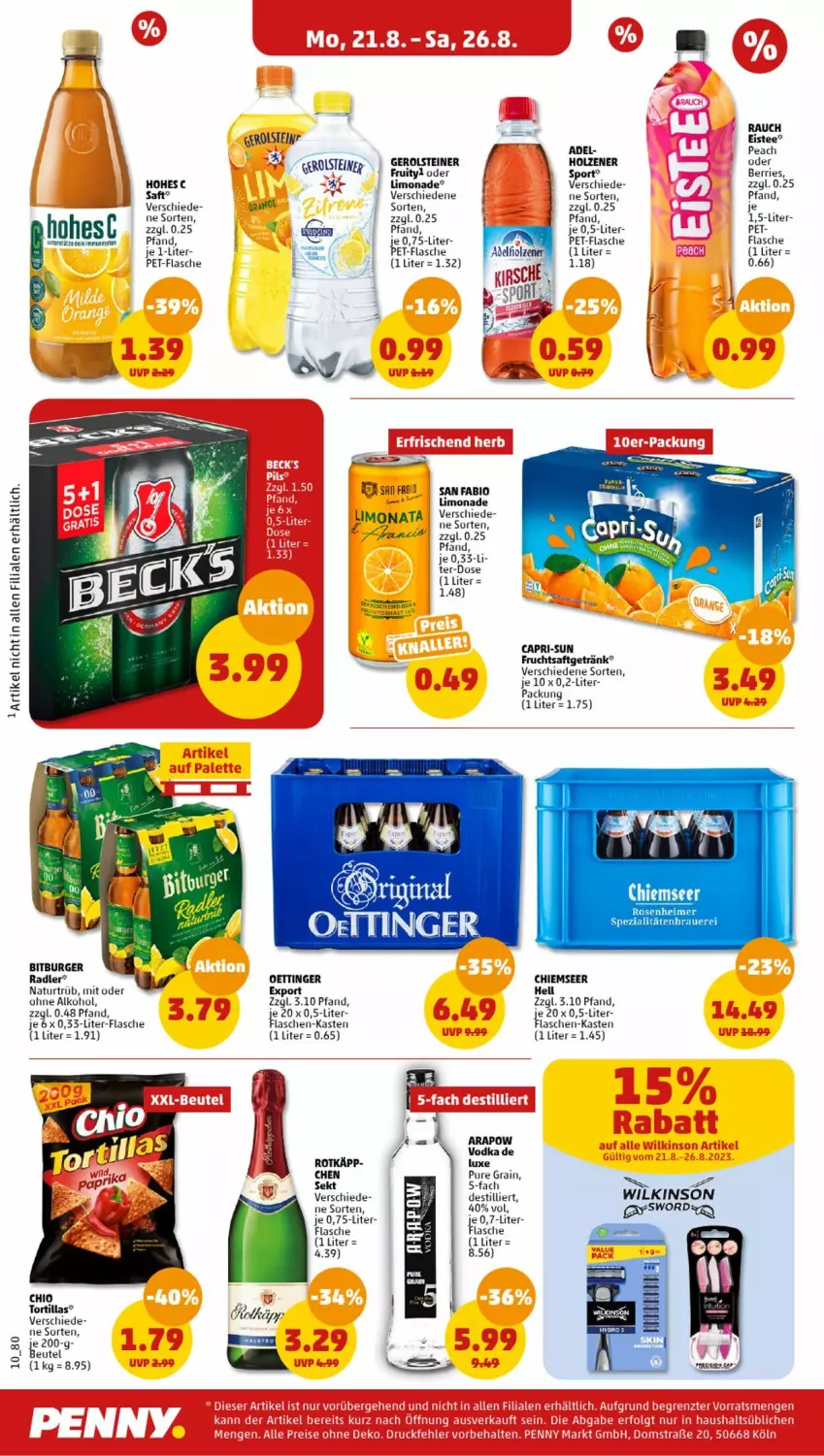 Aktueller Prospekt Penny - Prospekte - von 21.08 bis 26.08.2023 - strona 10 - produkty: alkohol, auer, bitburger, burger, Cap, capri-sun, eimer, eis, eistee, flasche, frucht, fruchtsaft, fruchtsaftgetränk, gerolsteine, gerolsteiner, getränk, Holz, limo, limonade, natur, oettinger, ohne alkohol, pet-flasche, radler, Rauch, rosen, saft, sekt, Spezi, Sport, steiner, tee, Ti, tortilla, tortillas, vodka