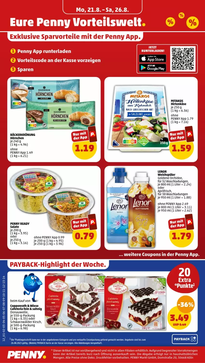 Aktueller Prospekt Penny - Prospekte - von 21.08 bis 26.08.2023 - strona 12 - produkty: coppenrath, eis, elle, hörnchen, kirsch, lenor, milch, orchidee, payback, pril, Ria, salat, salate, Ti, weichspüler