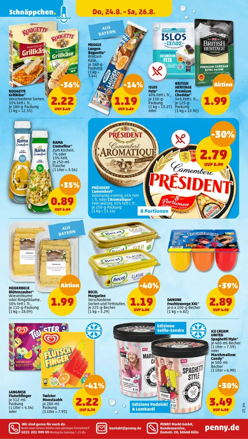 Aktueller Prospekt Penny - Prospekte - von 21.08 bis 26.08.2023 - strona 25 - produkty: baguette, becel, Becher, blume, Blüte, brot, cheddar, creme, danone, feta, flasche, frucht, fruchtzwerge, grill, Grillkäse, Käse, langnese, margarine, mars, meggle, rama, rama cremefine, ring, rouge, rougette, spaghetti, telefon, Ti, uhr